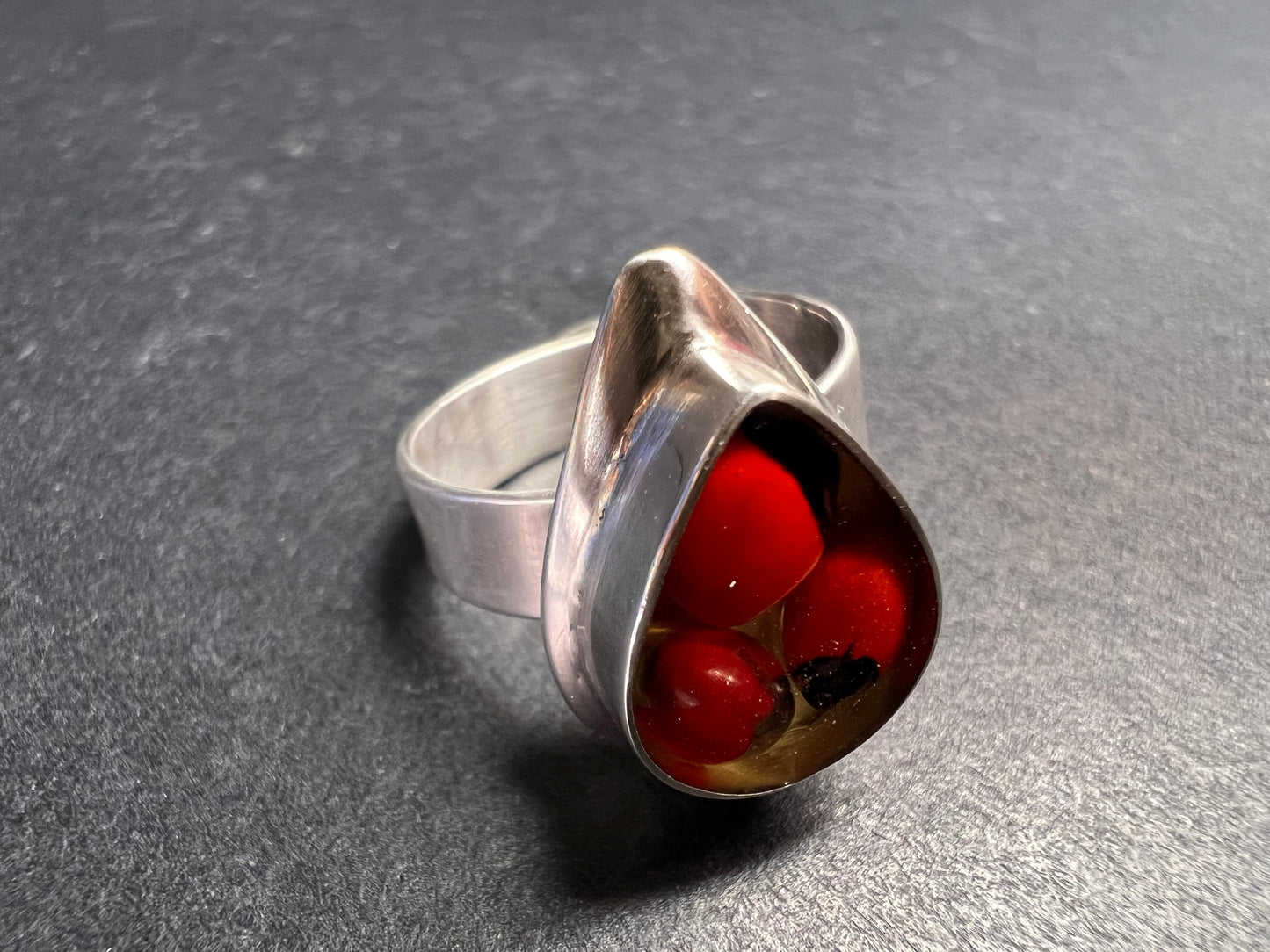 950 Silver Adjustable Huayruro Seed Resin Ring – Peruvian Artisan Good Luck Jewelry, Size 7