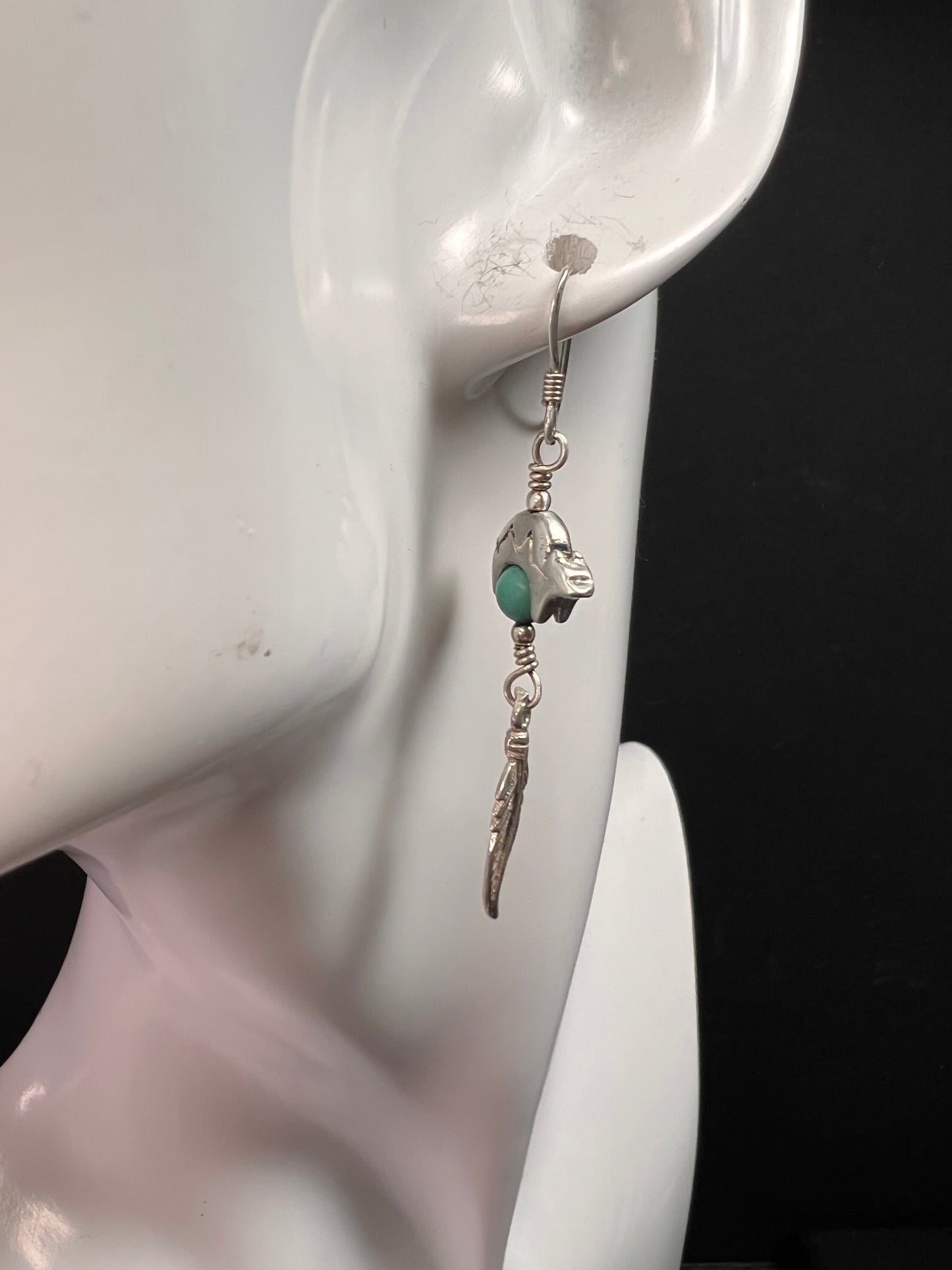 Vintage Sterling Silver Turquoise Earrings – Bear & Feather Motif