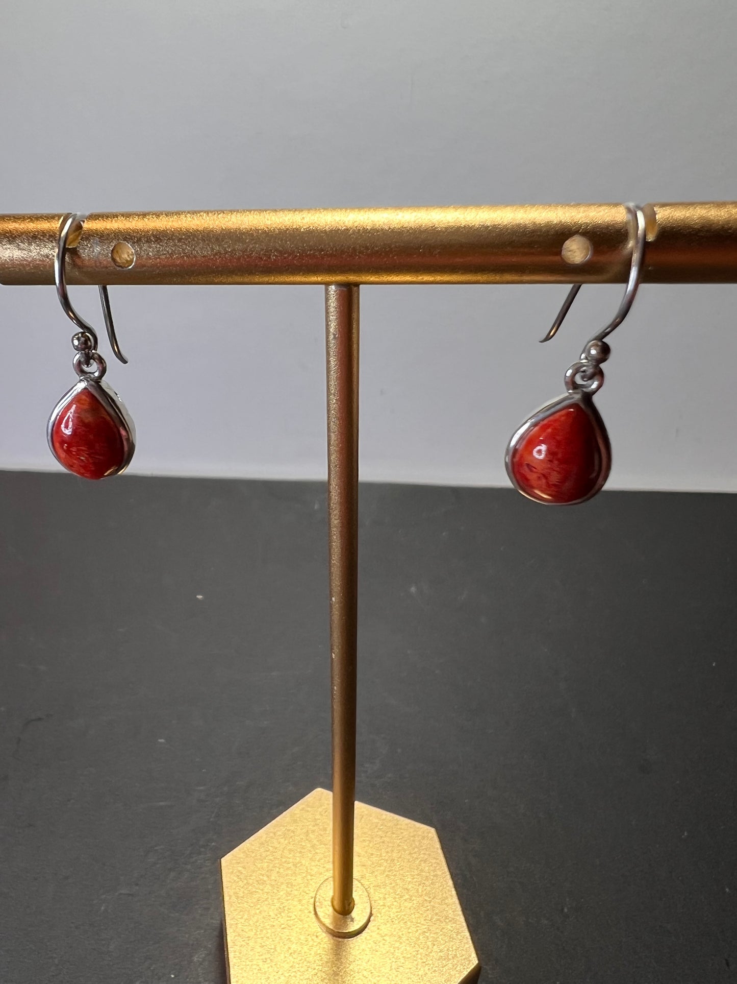 Red sponge coral sterling silver teardrop earrings