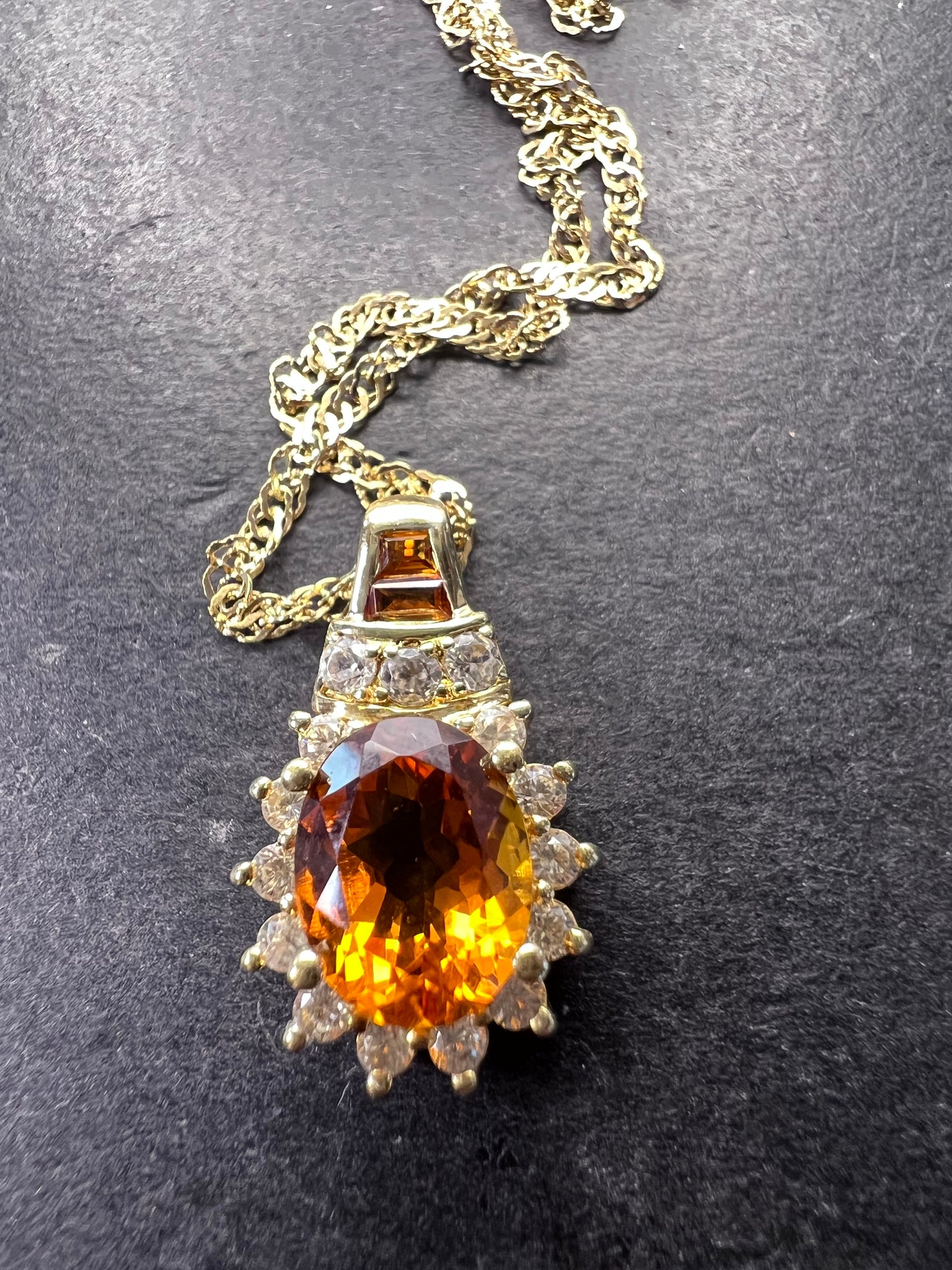 Mandarin citrine and white topaz halo pendant necklace in 14k gold over sterling silver