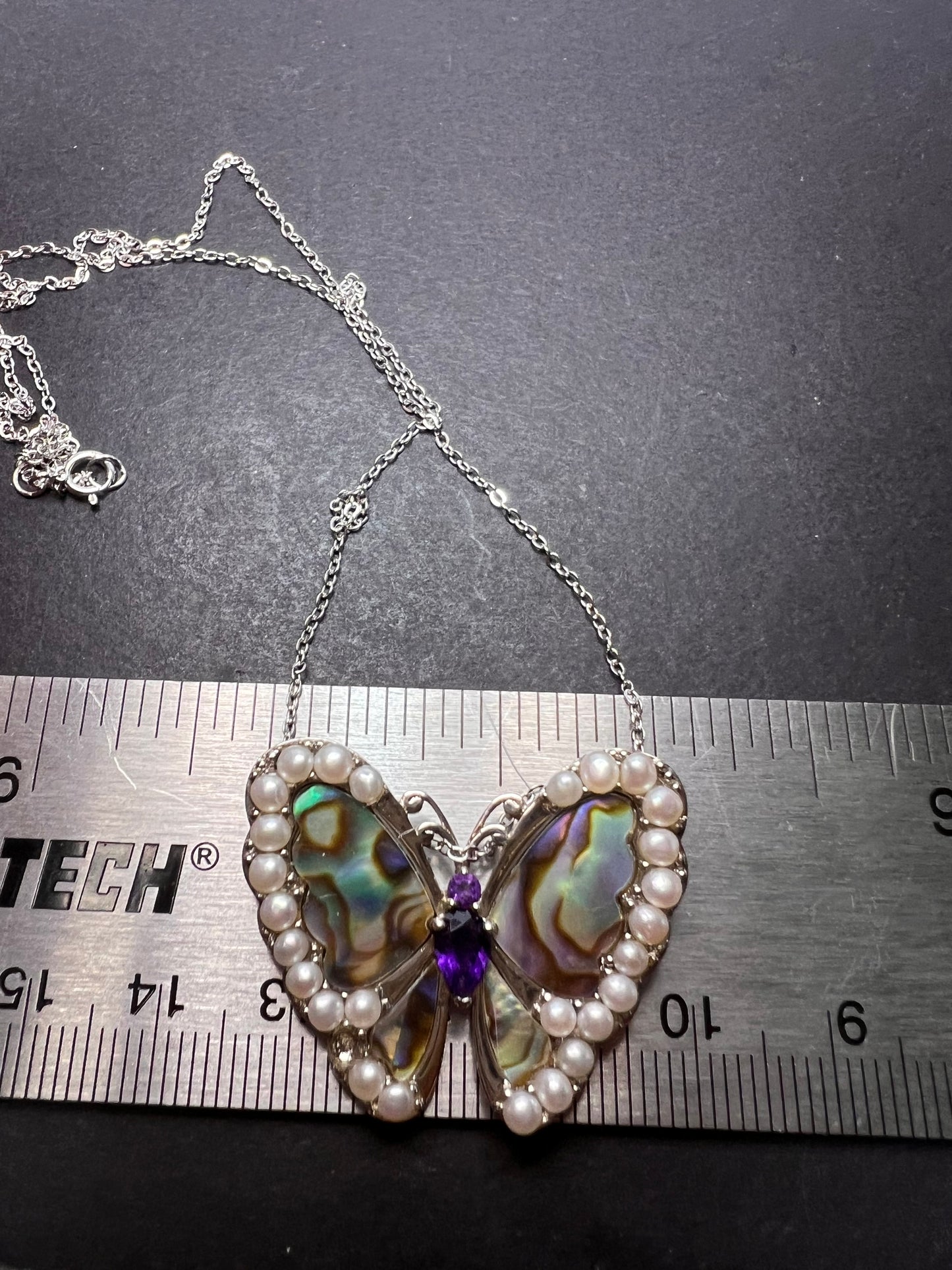 Abalone, amethyst and pearl butterfly sterling silver necklace