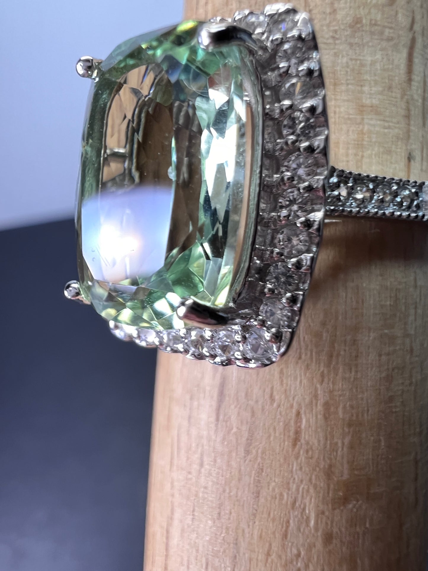 Cushion cut Prasiolite cocktail halo ring size 9