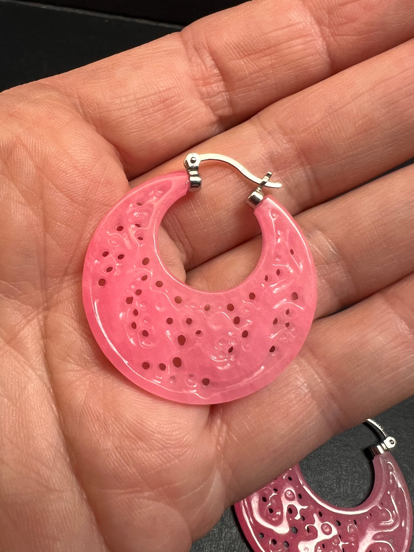 NEW pink jade carved dragon hoop earrings with sterling silver closures