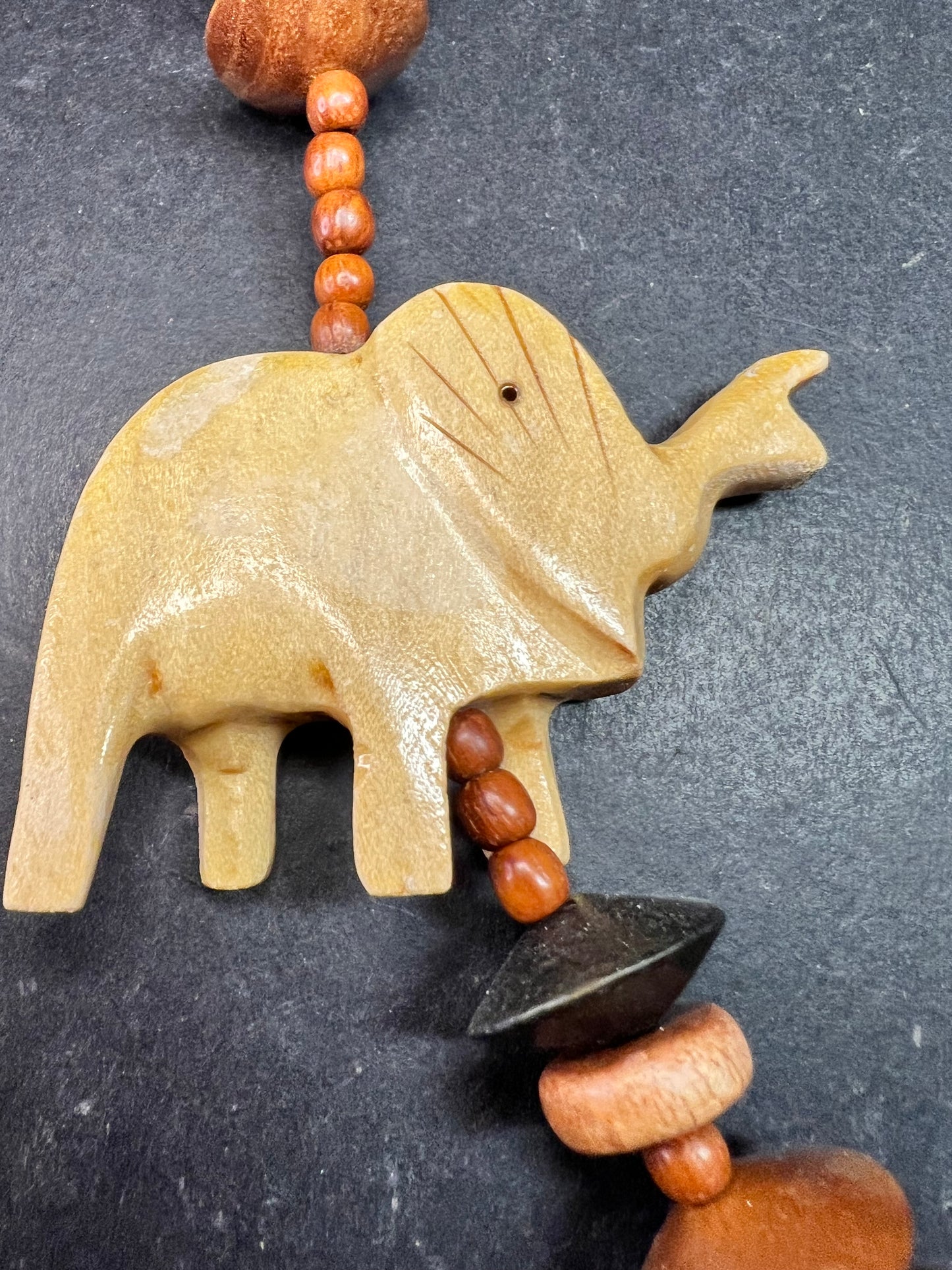 Vintage Carved Animal Wood Bead Statement Necklace 30”