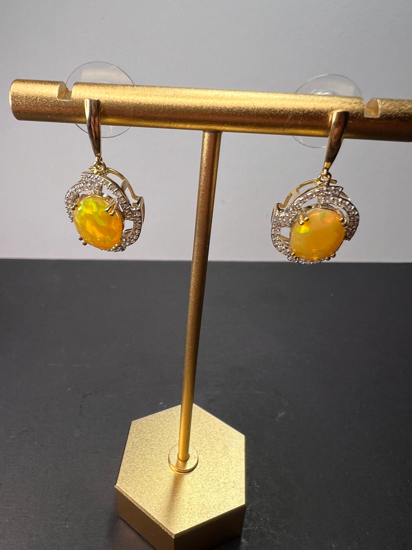 10k gold Ethiopian opal and white zircon earrings