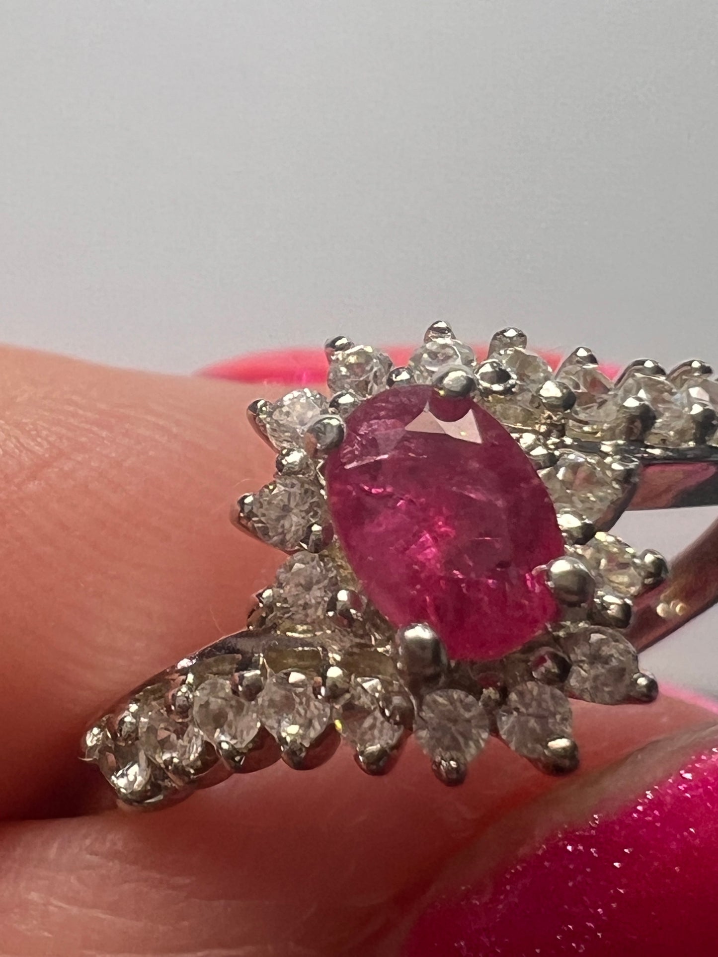 Mozambique ruby and zircon sunburst ring in platinum over sterling silver size 8 *NEW*