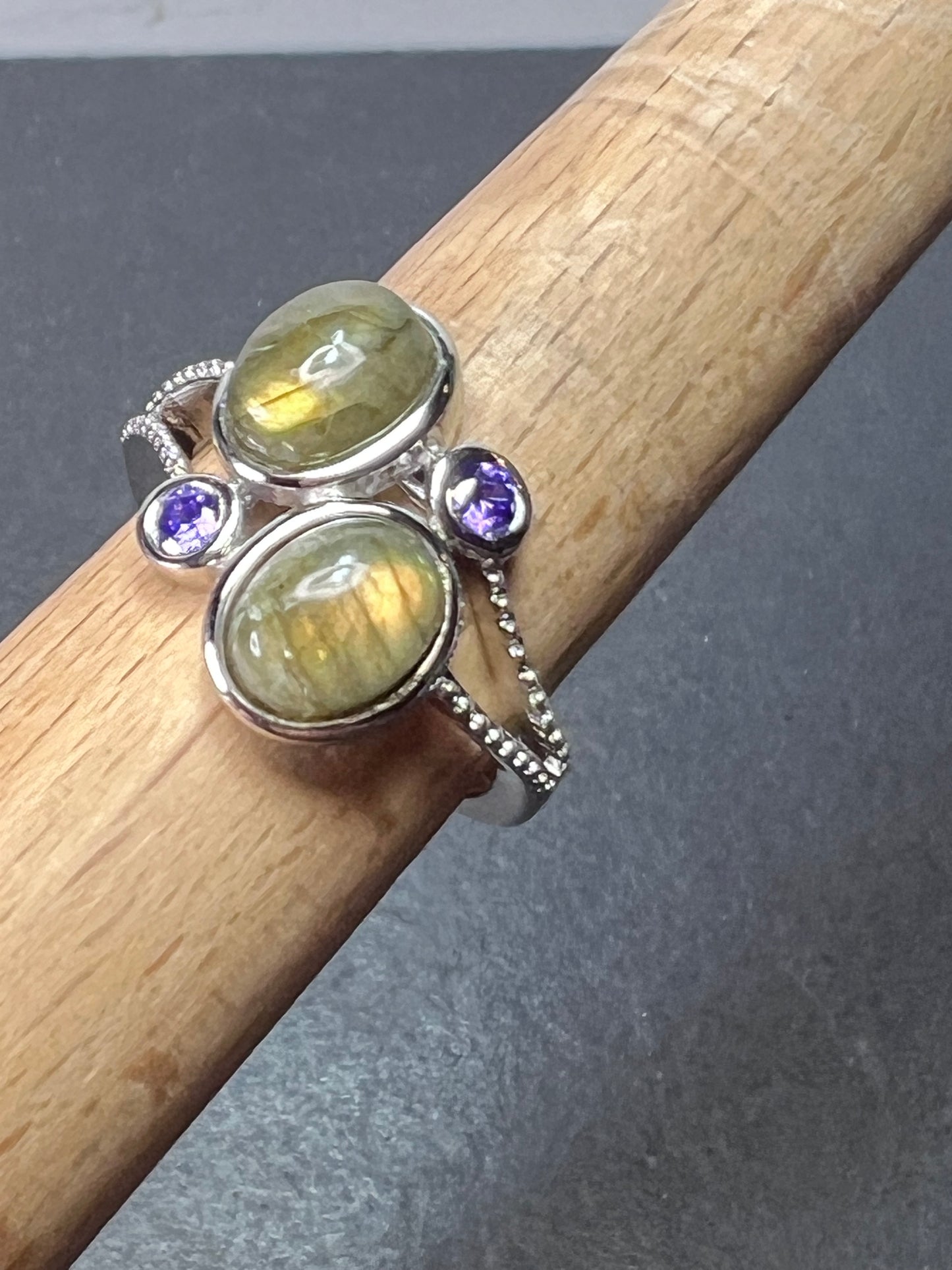 Labradorite and purple CZ sterling silver ring size 9