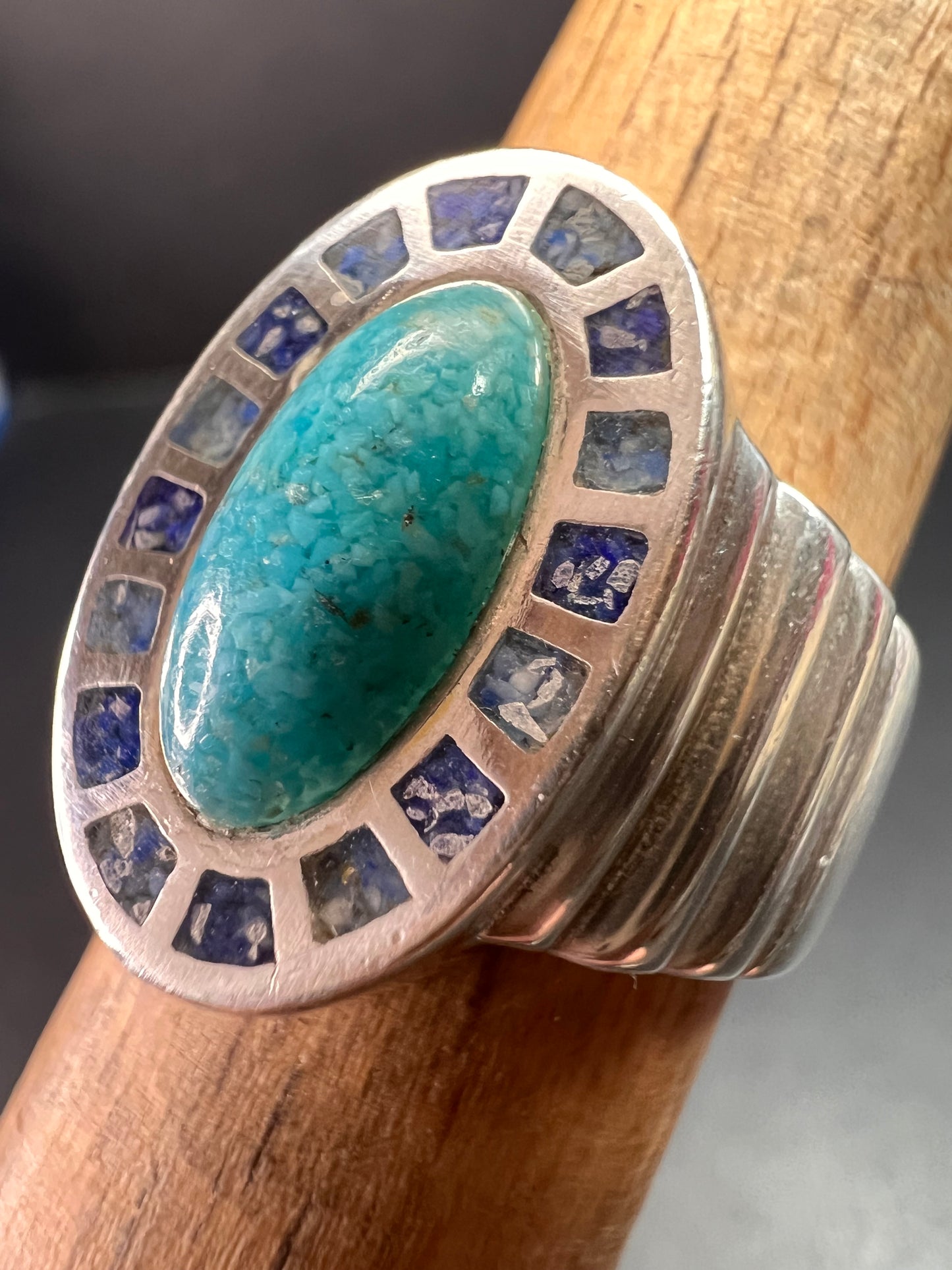 Vintage Sterling Silver Coleman Co. Turquoise & Lapis Mosaic Inlay Ring – Size 7