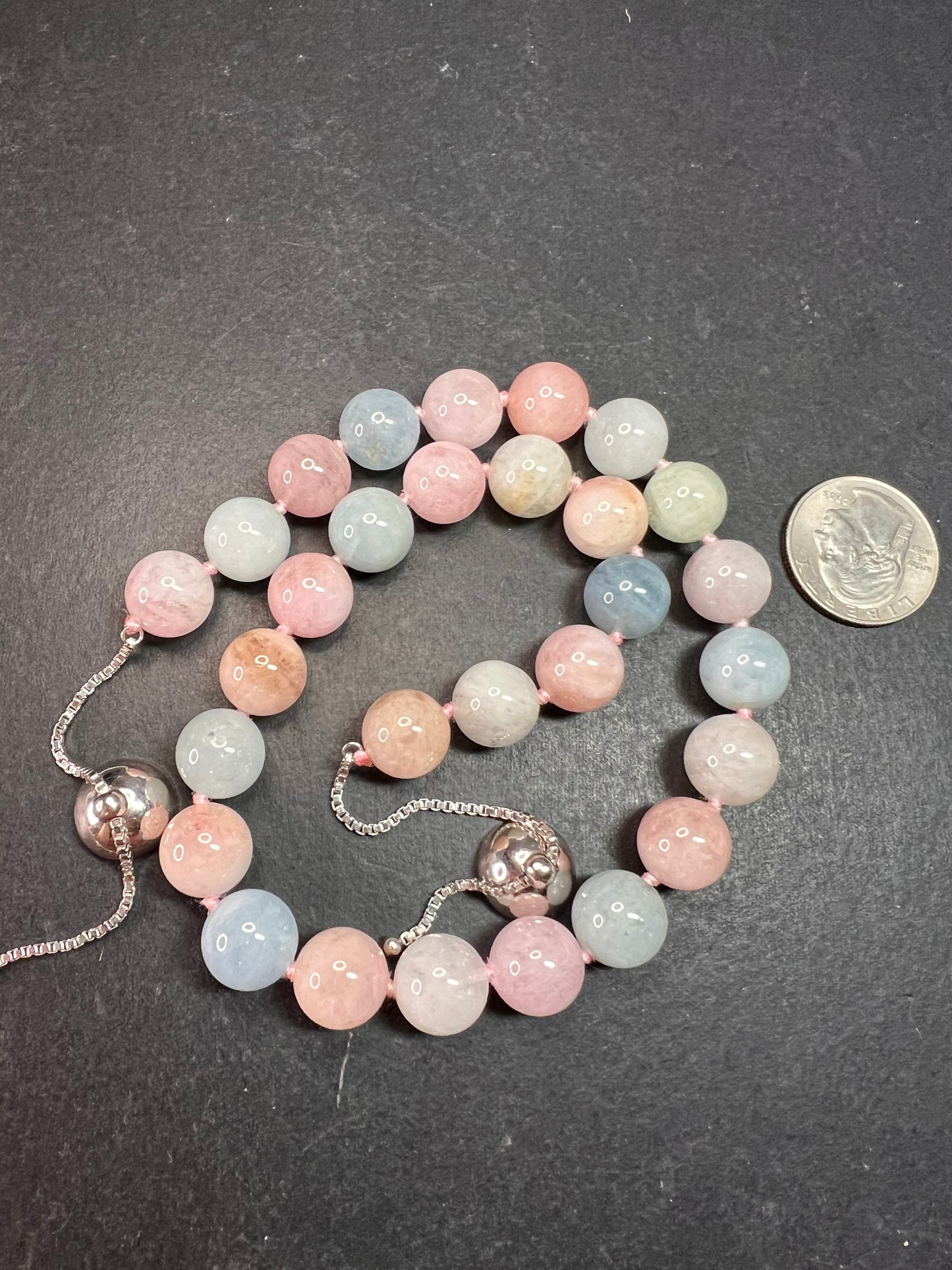 Modern Multi Beryl Bolo Necklace 12mm Morganite Aquamarine Sterling