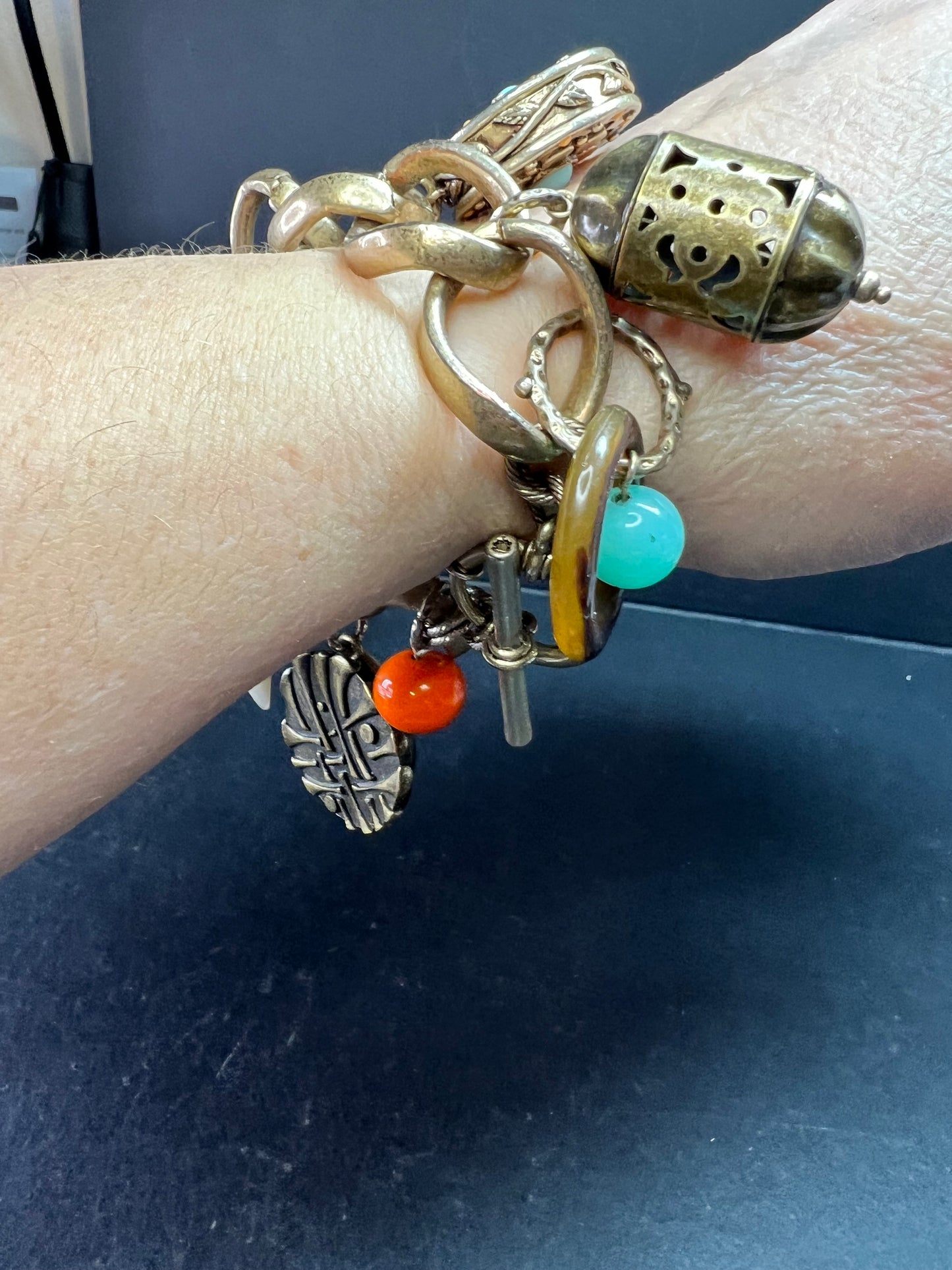 Vintage Charm Bracelet Brass Tone Glass Beads Chunky Statement 8 Inch