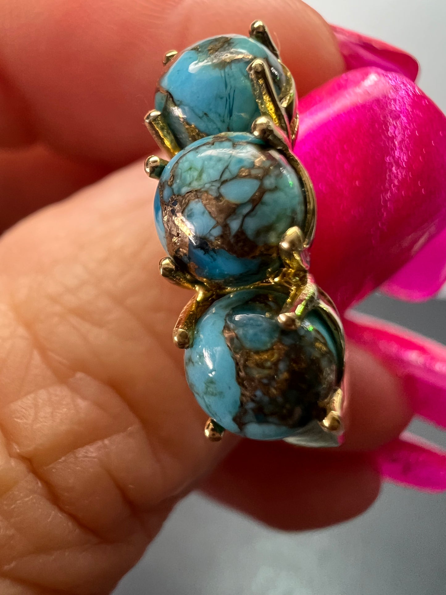 Blue composite turquoise trilogy ring in gold over sterling silver size 9