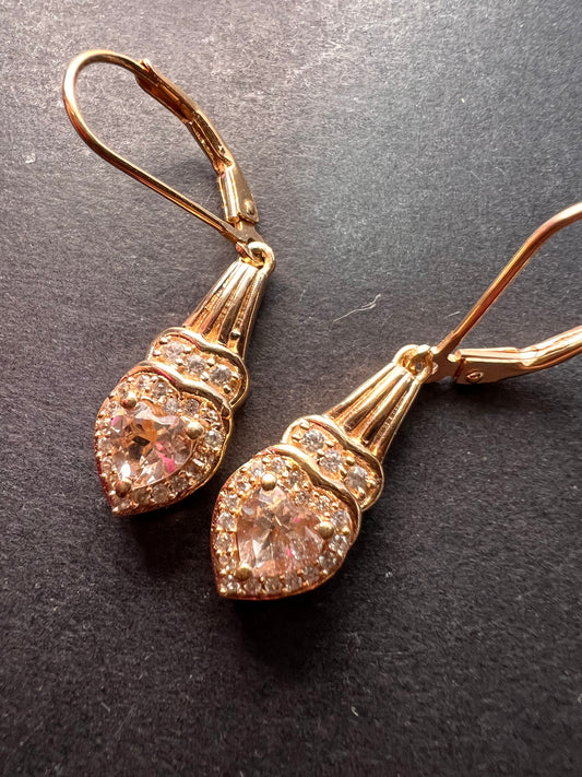 Marropino morganite and Cambodian zircon rose gold over sterling lever back heart drop earrings