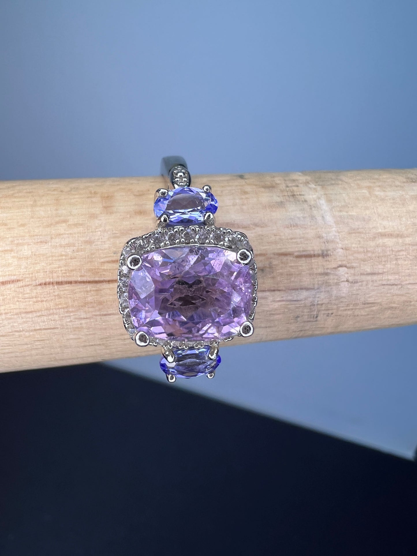 Kunzite, tanzanite and zircon halo ring size 9