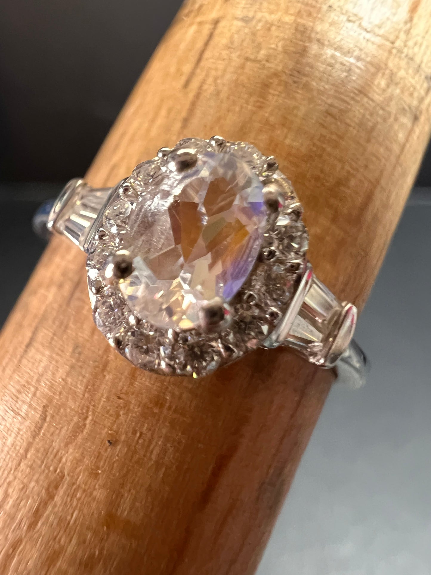 NEW gemmy moonstone and Moissanite sterling silver halo ring size 8