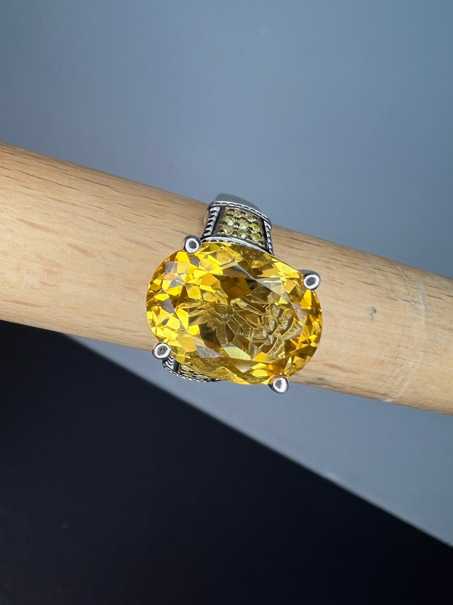 Citrine and yellow diamond ring in sterling silver size 10. 7.55 ctw