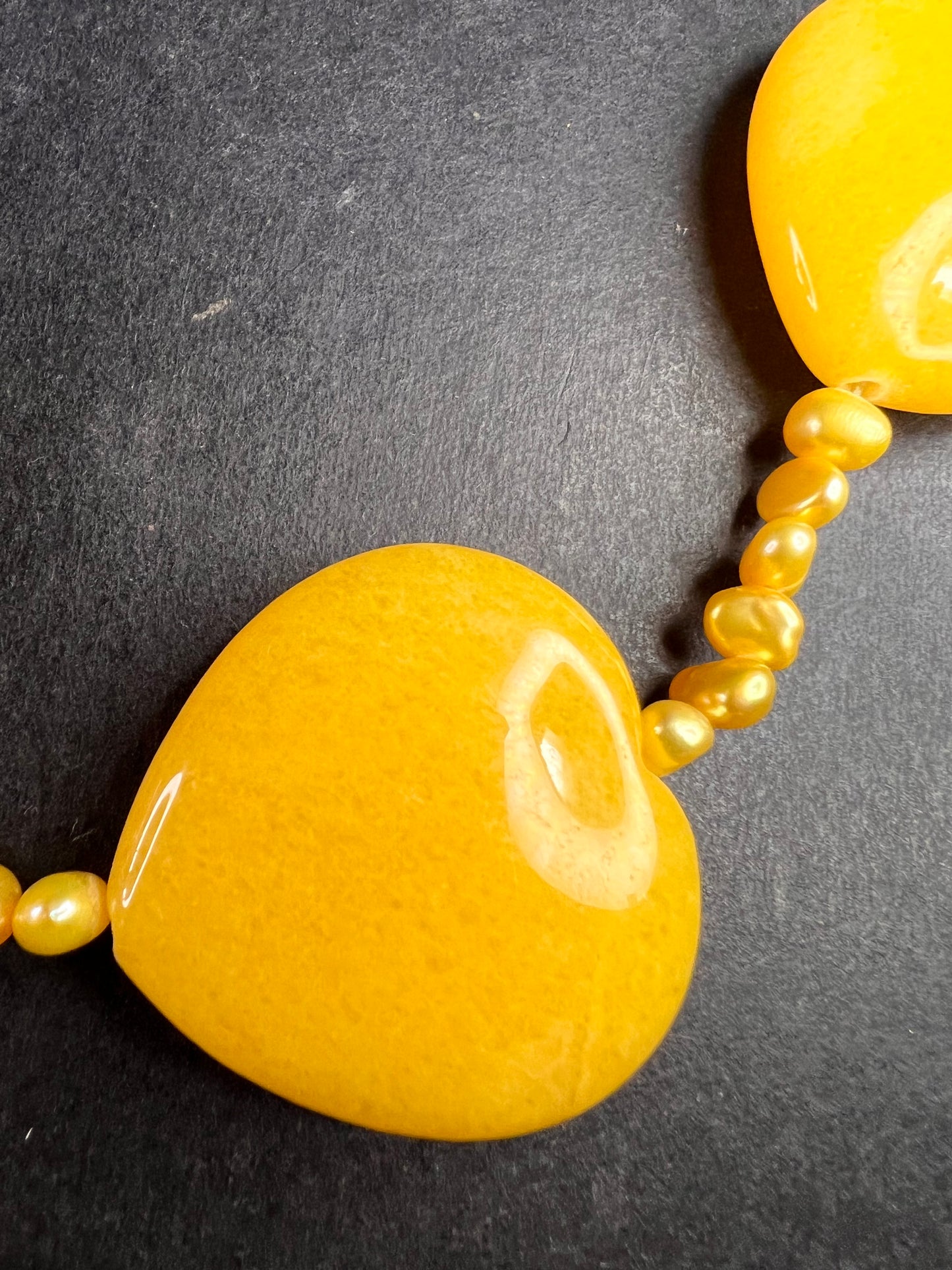 NEW yellow quartzite hearts and pearl station necklace with sterling silver clasp