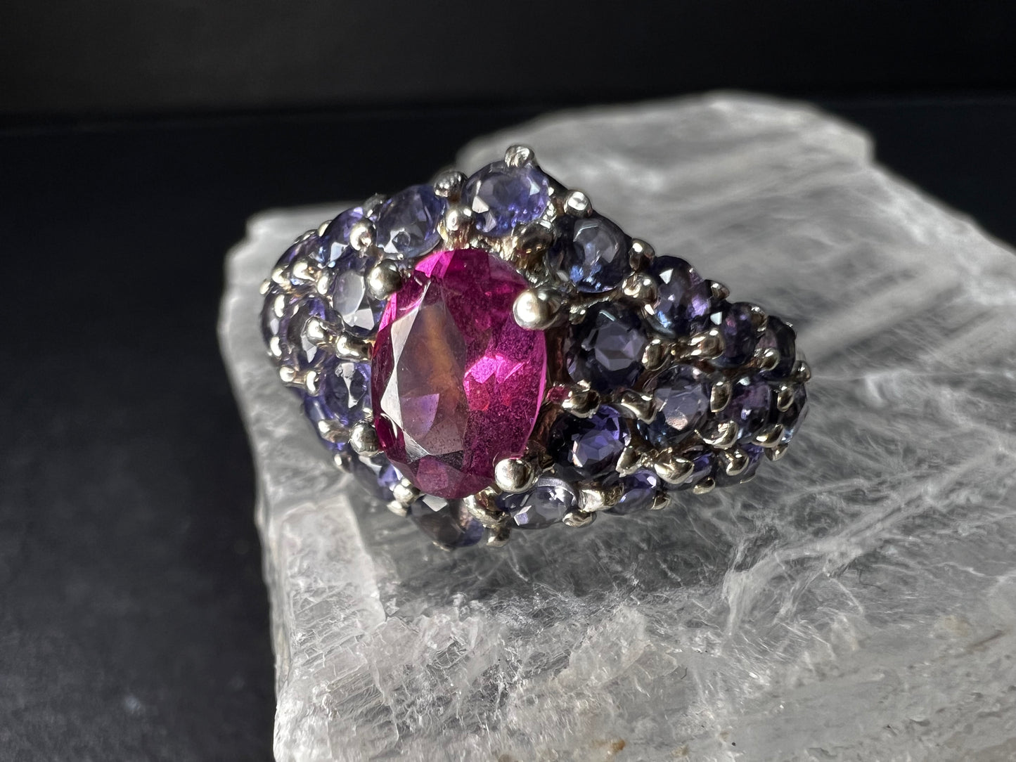 Pink Tourmaline Tanzanite Sterling Silver Cluster Ring Size 7