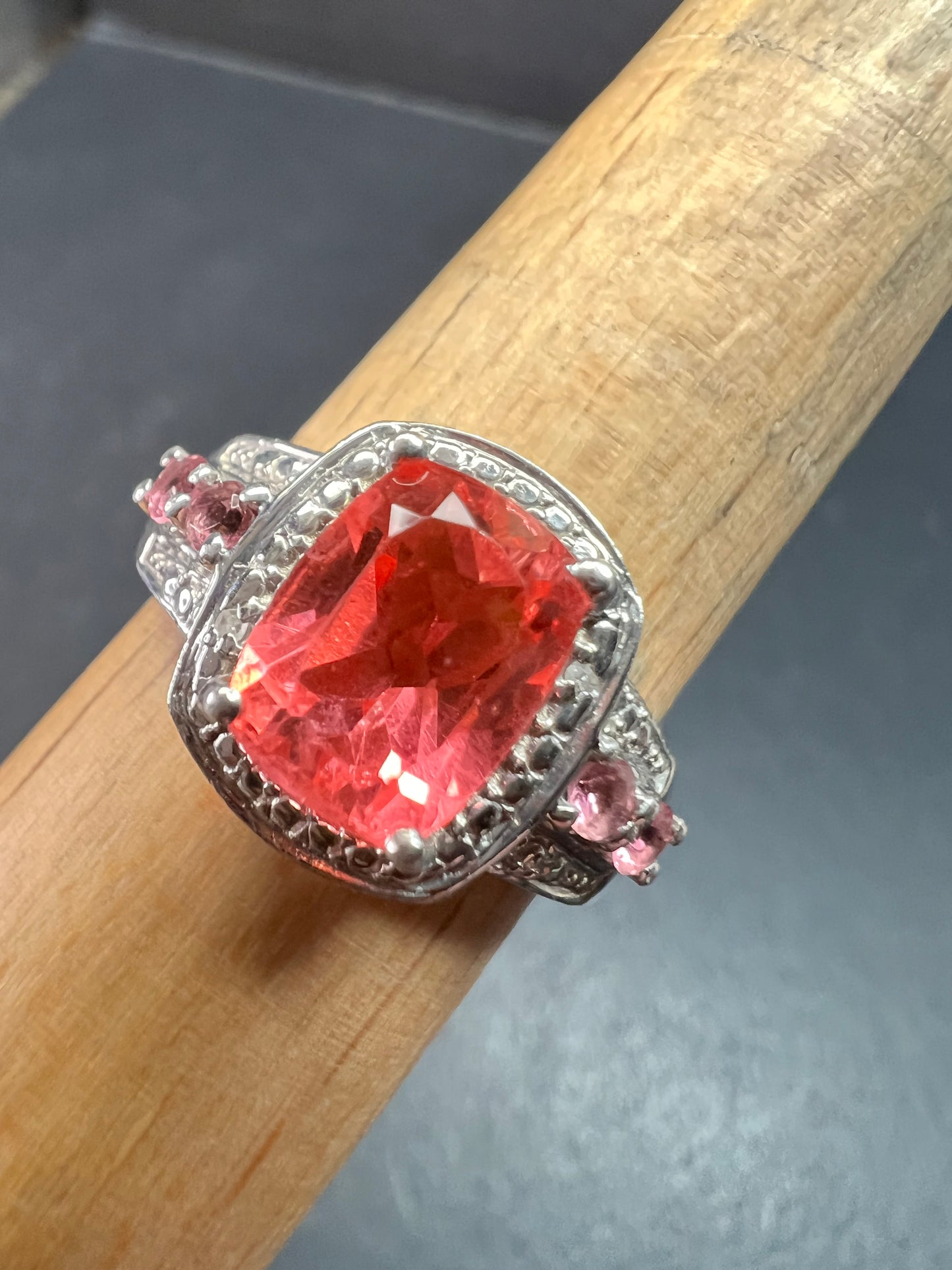 Sterling Silver Peach Red Quartz Doublet & Pink Tourmaline Ring 8.75