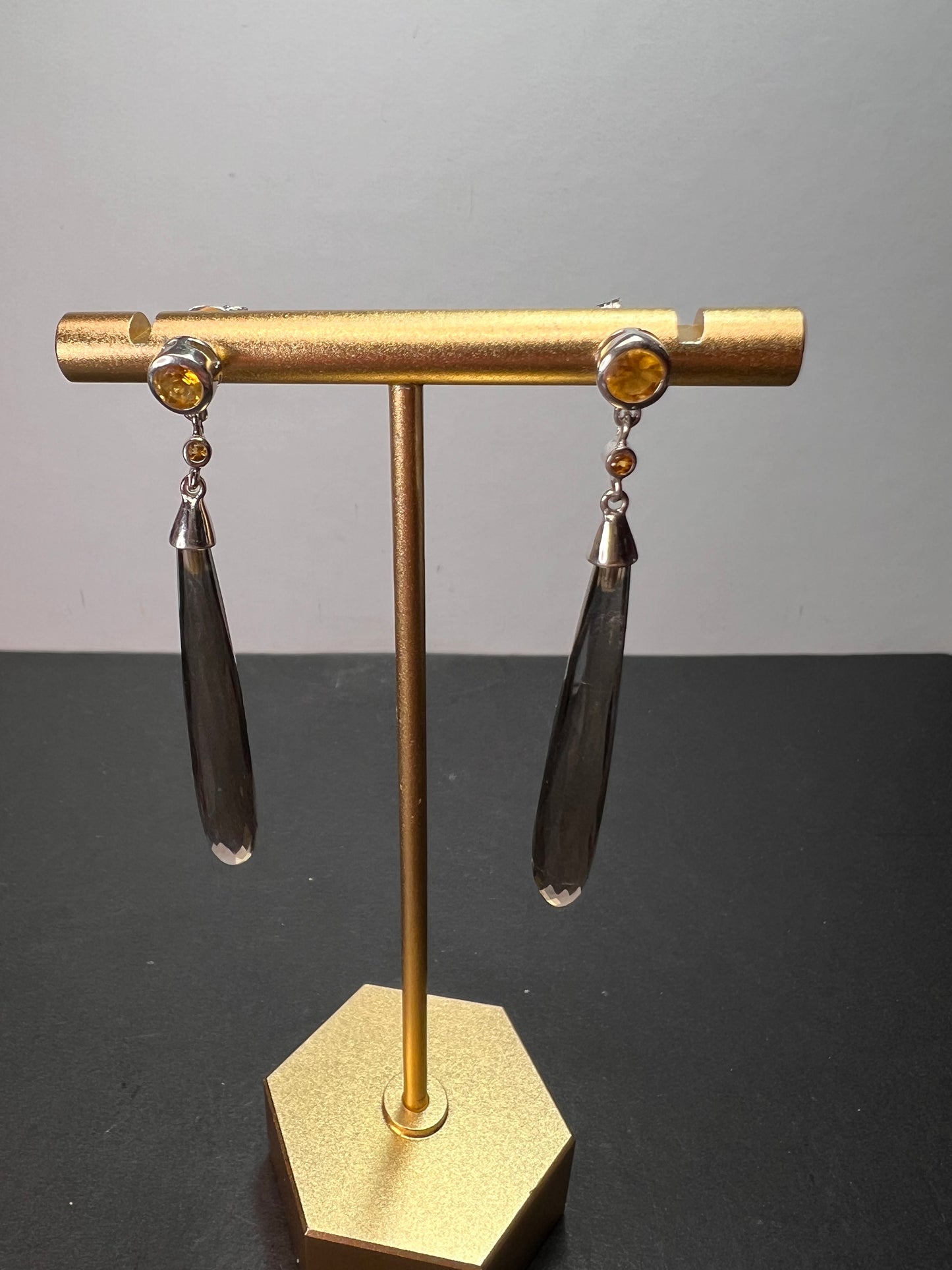 Smoky quartz and citrine sterling silver long dangle earrings