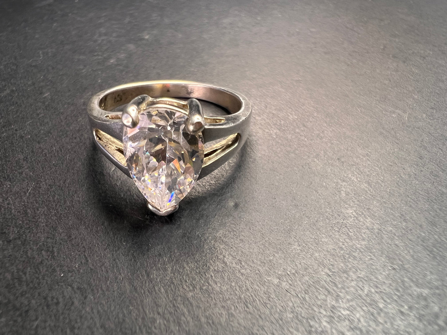 Vintage CZ Pear Solitaire in Sterling Silver, Open Gallery Split Shank, Size 9