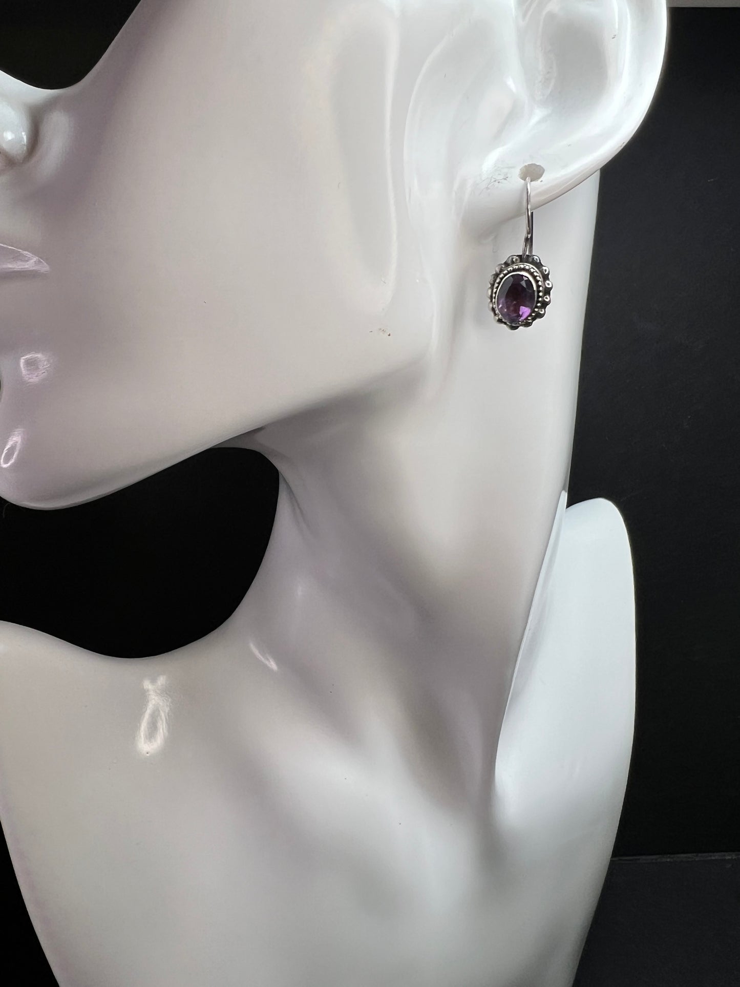 Vintage Balinese Sterling Silver Amethyst Drop Earrings Beaded Halo
