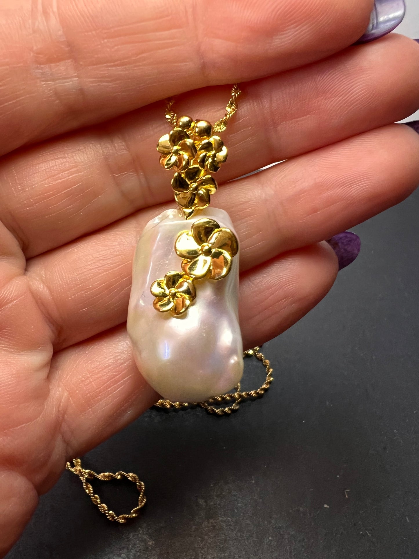 Baroque pearl floral pendant necklace with 30 inch gold over sterling silver chain