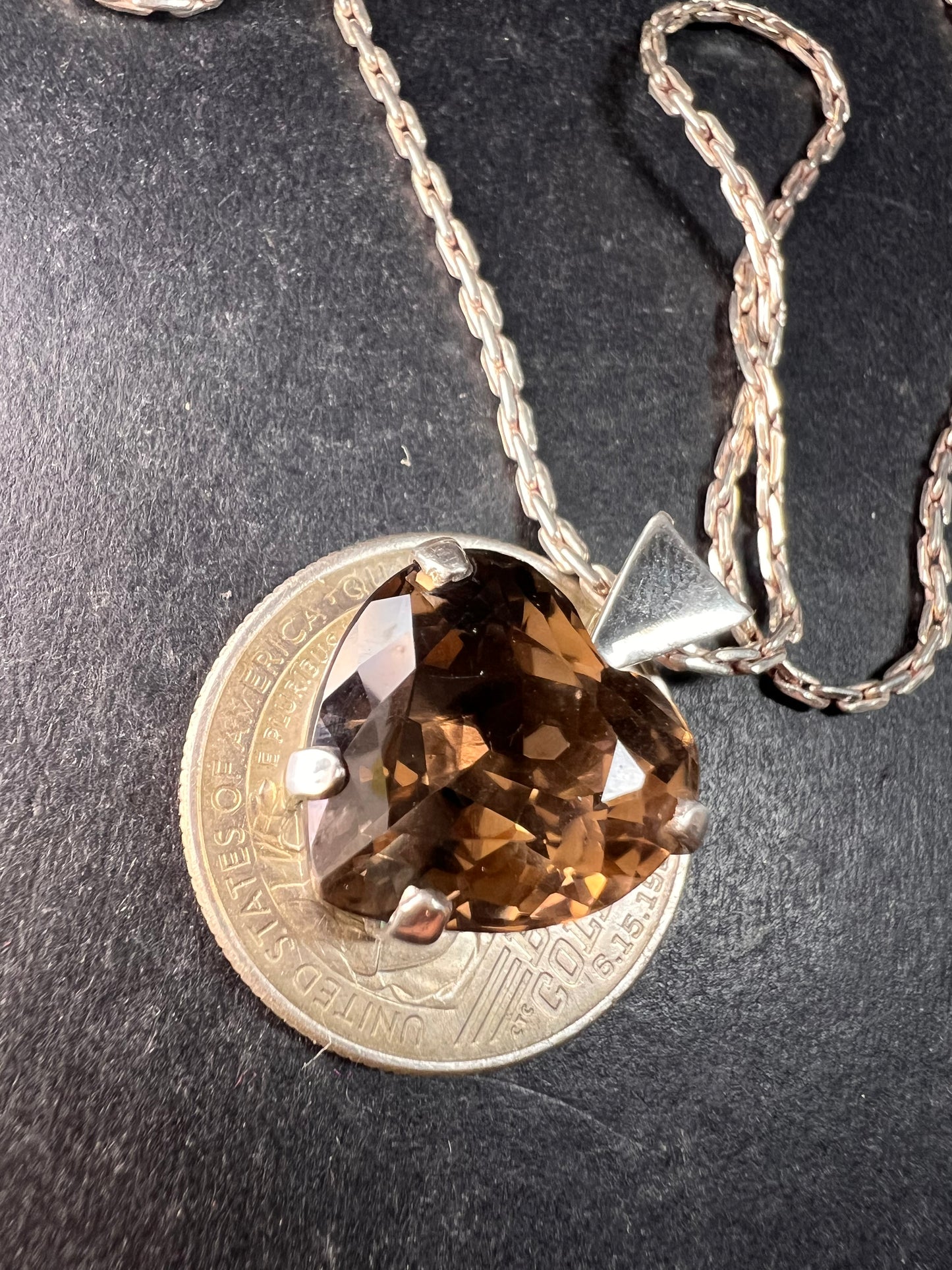 Vintage Smoky Quartz Heart Pendant Necklace Sterling Silver 20”