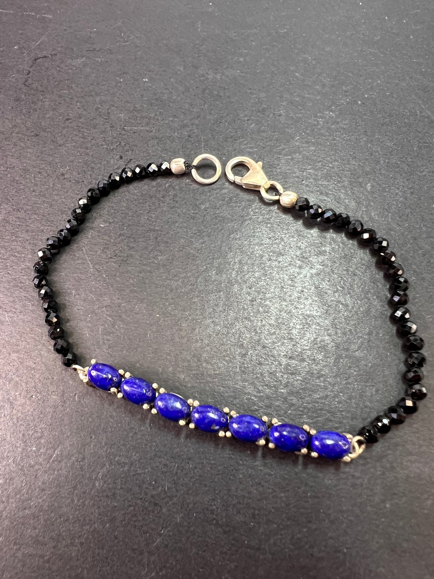 Lapis lazuli and black spinel sterling silver bracelet