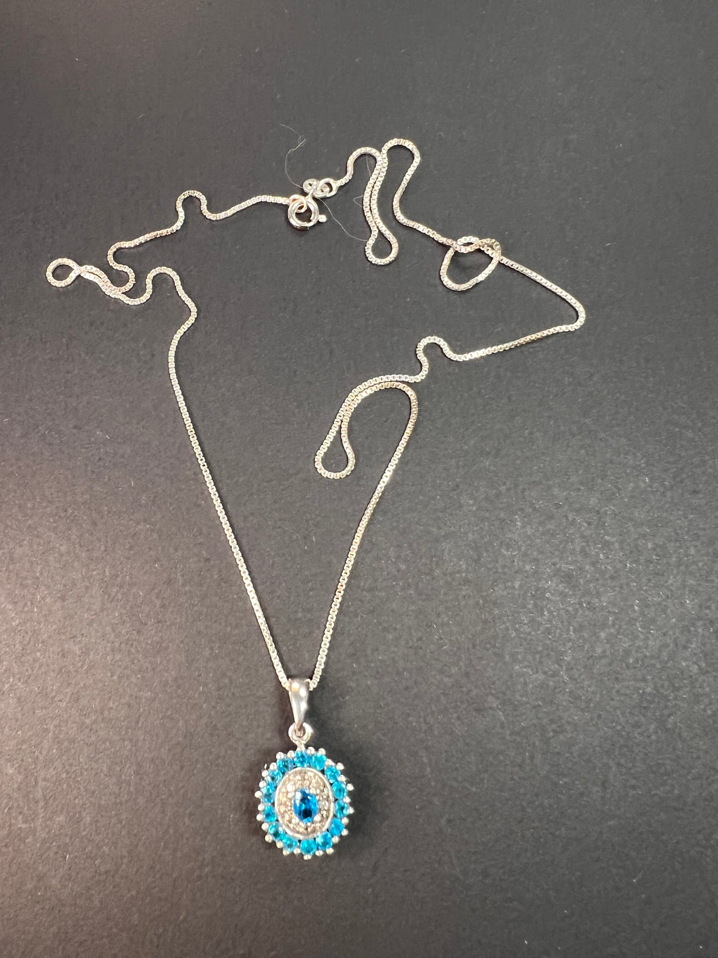 Vintage 925 Sterling Silver Blue Apatite & Diamond Halo Pendant Necklace