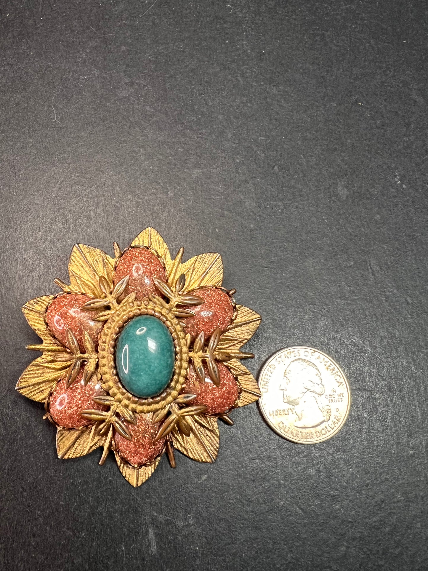Vintage DeNicola Style Floral Brooch Gold Tone Faux Turquoise Glitter Cab