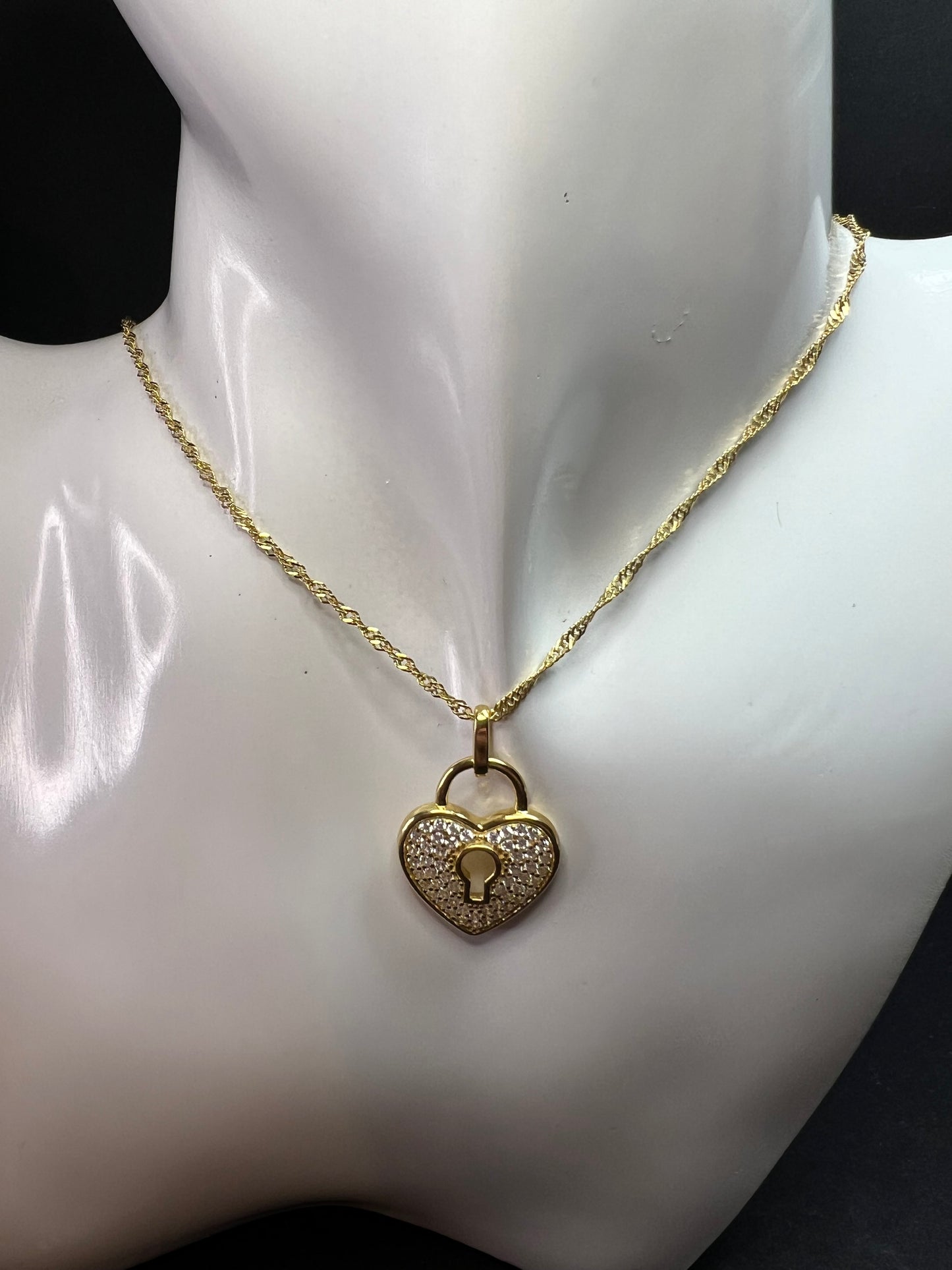 NEW Gold Plated Sterling Silver CZ Heart Lock Necklace 18”