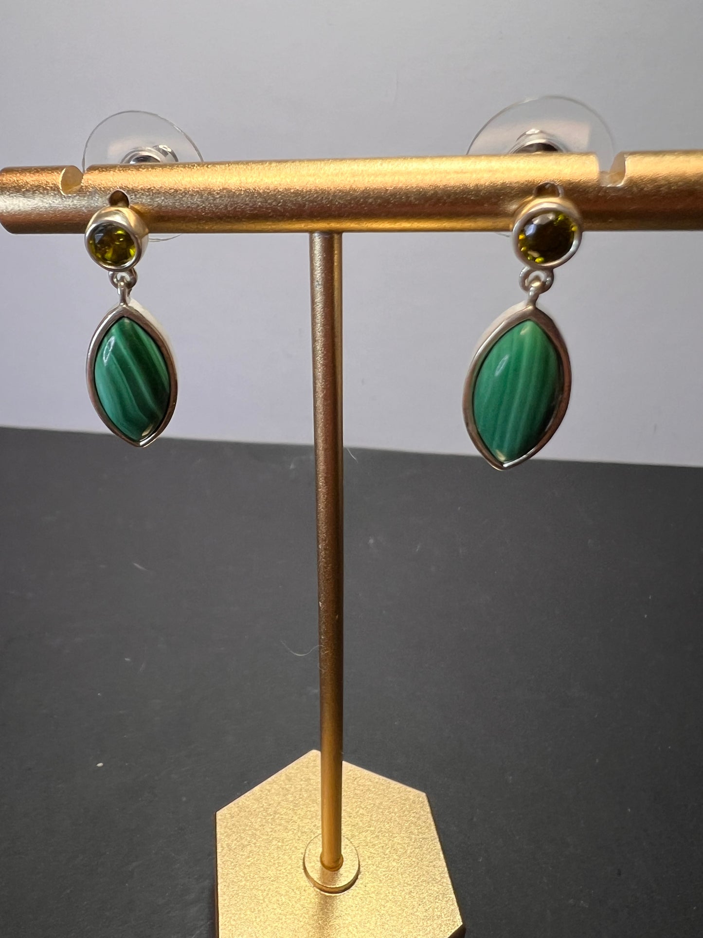 Malachite and olive CZ sterling silver marquise drop earrings