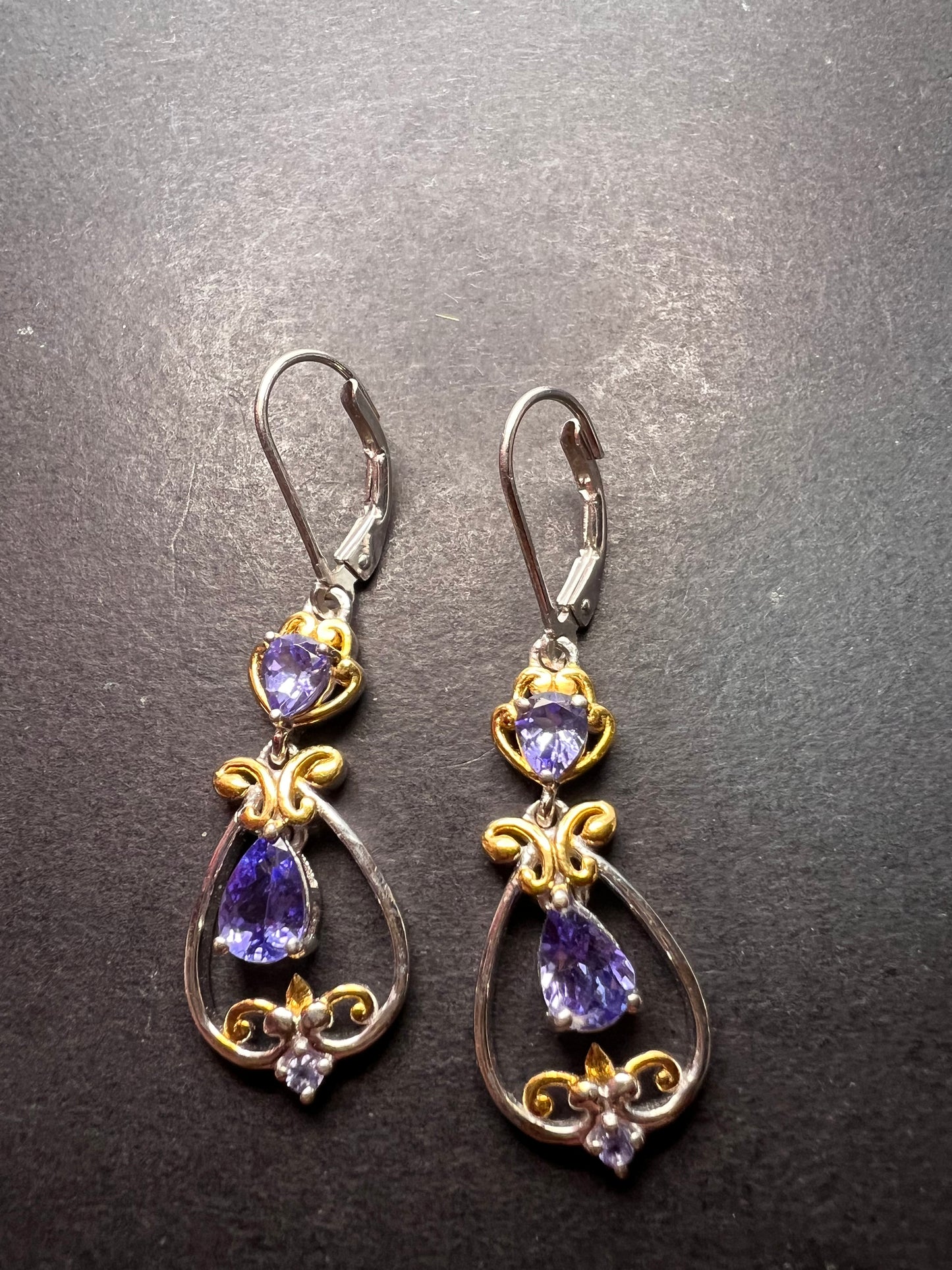 Blue tanzanite two toned sterling silver chandelier lever back earrings