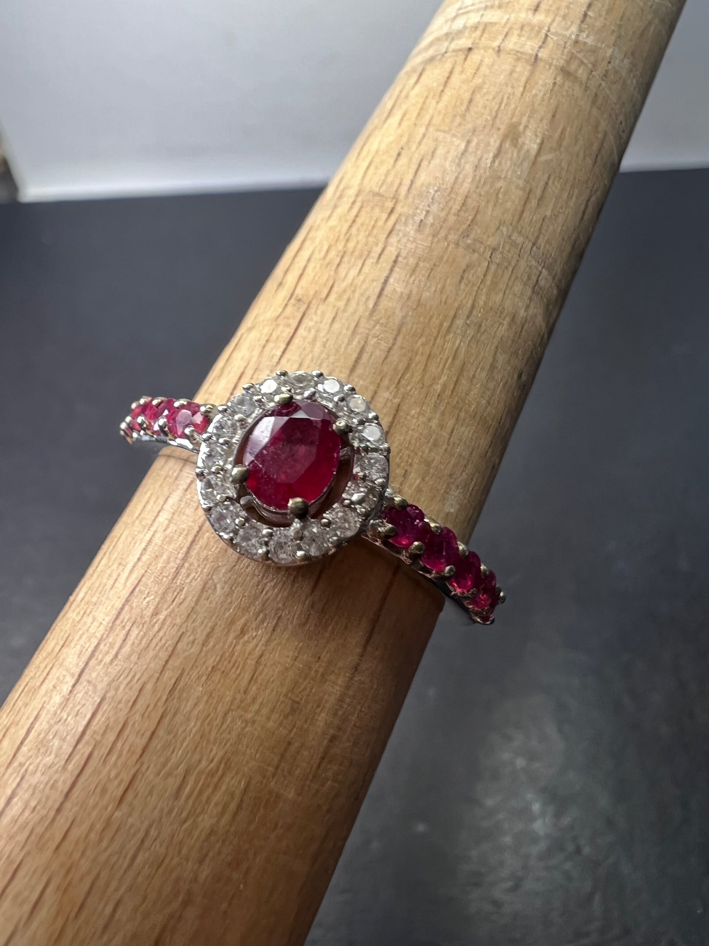 Ruby and zircon sterling silver halo ring size 9