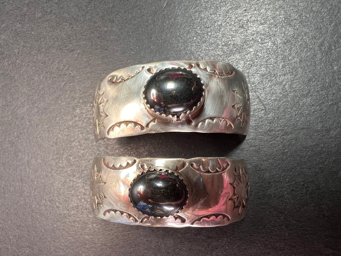 Vintage Sterling Silver Hematite Wide Band Post Earrings Southwestern Handmade