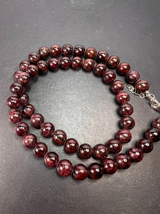 Garnet beaded necklace with sterling silver clasp