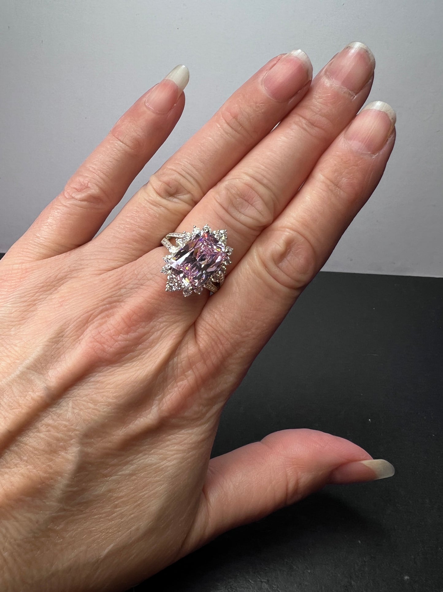 Pink and white CZ sterling silver halo ring size 8