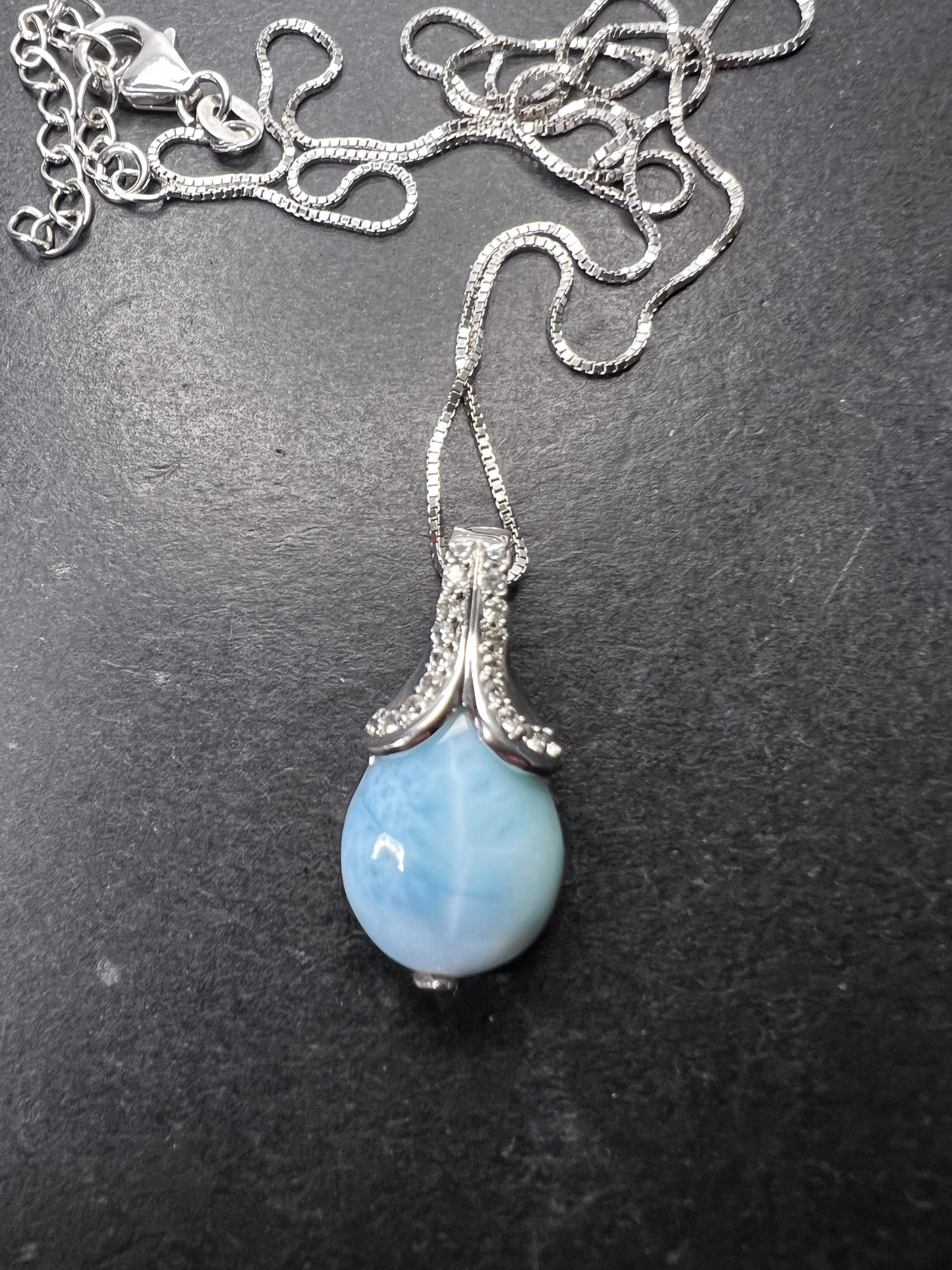 Larimar tear drop sterling silver pendant with 18 inch chain necklace