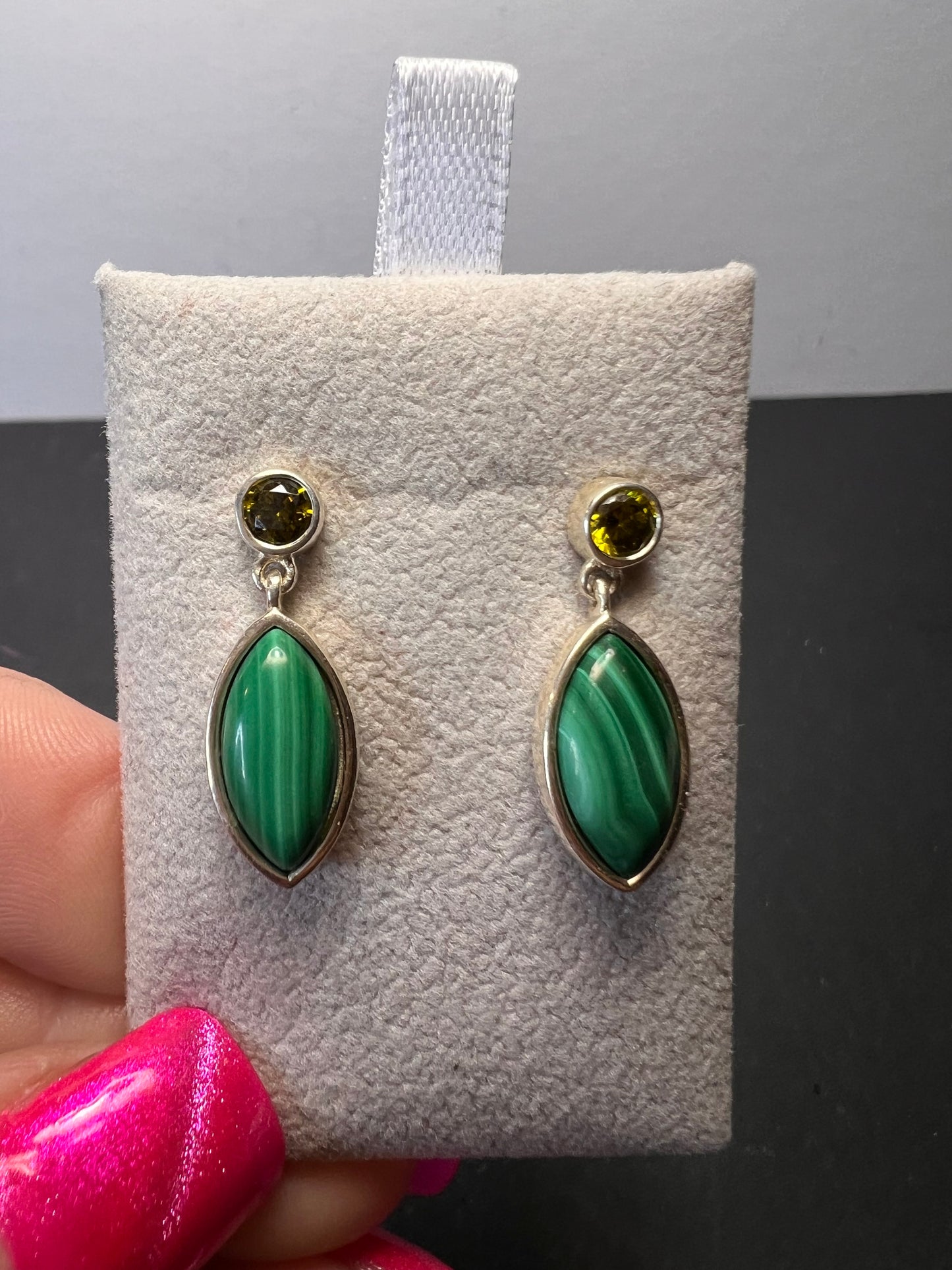 Malachite and olive CZ sterling silver marquise drop earrings