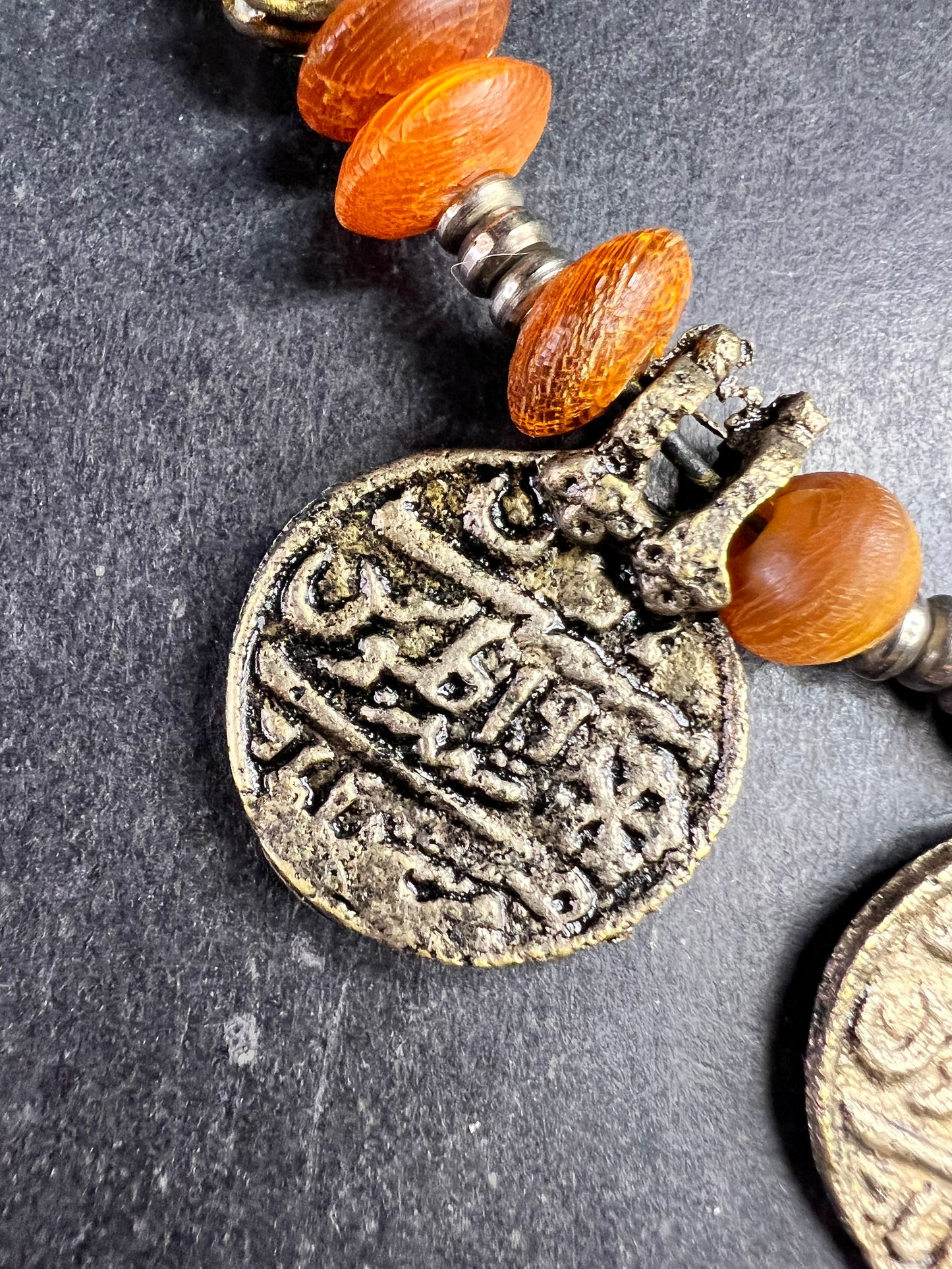 Vintage Berber Amber Resin Coin Necklace Tribal North African Style