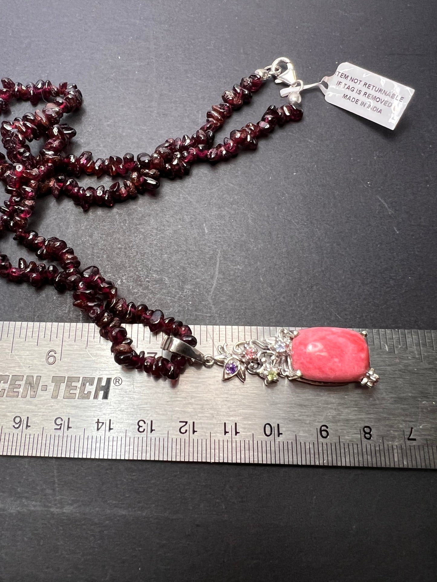 Norwegian Thulite and garnet chip necklace with sterling silver pendant and clasp