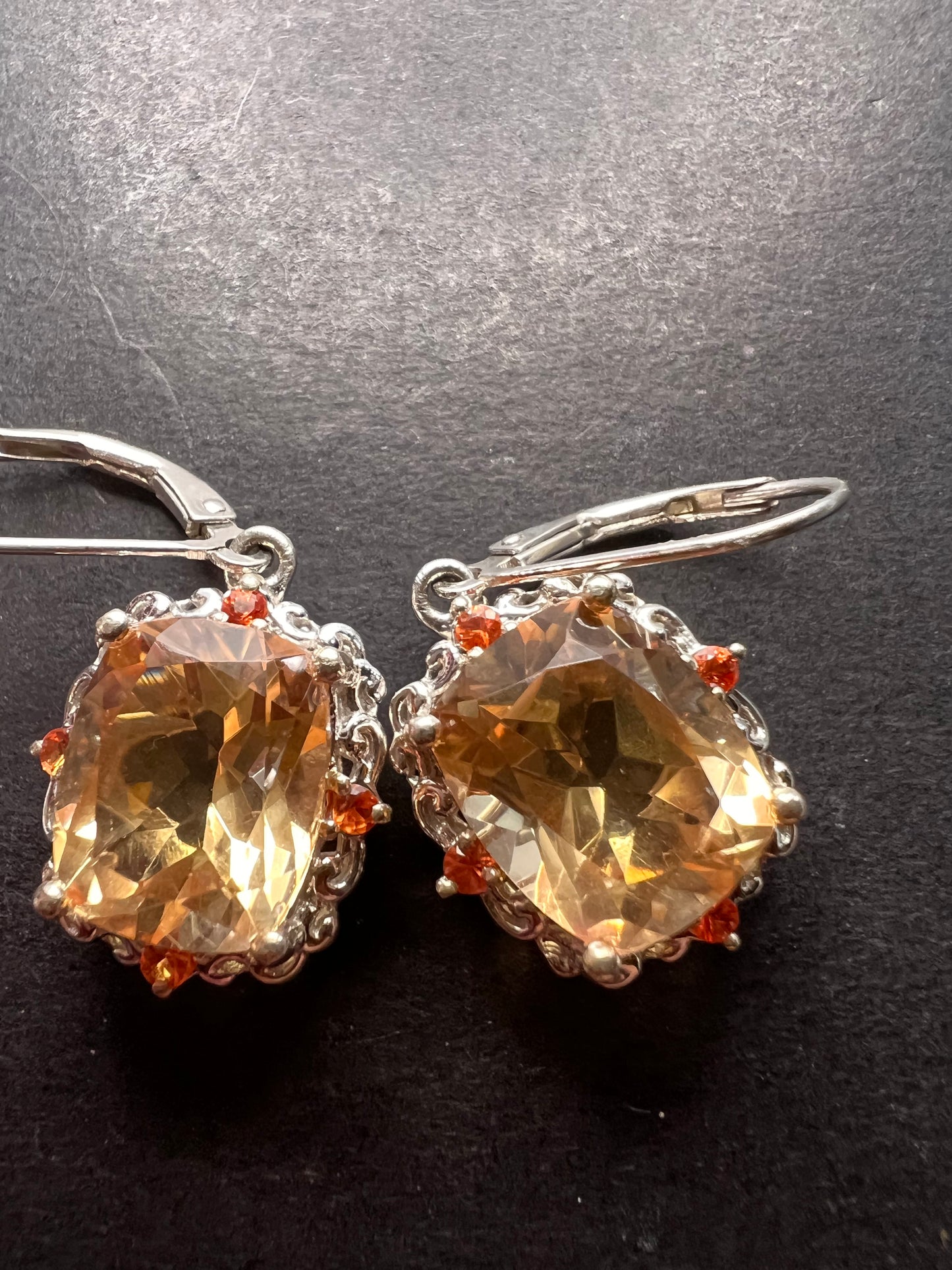 Morganite quartz and orange spinel sterling silver lever back earrings OOP