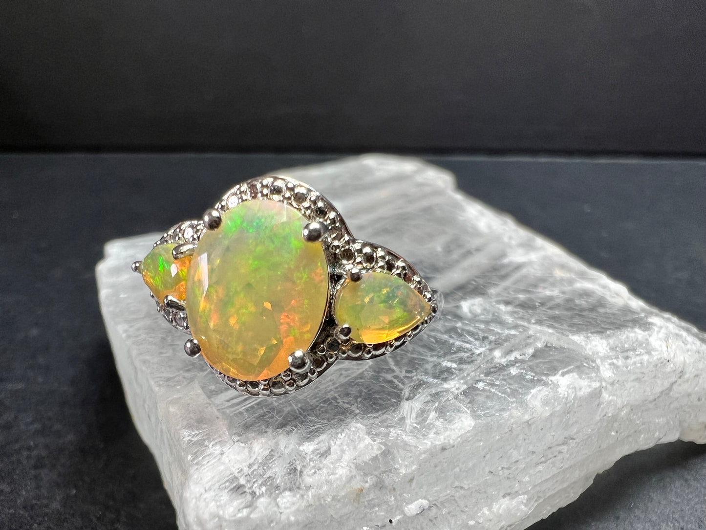 Ethiopian Opal Sterling Silver Halo Ring Size 6