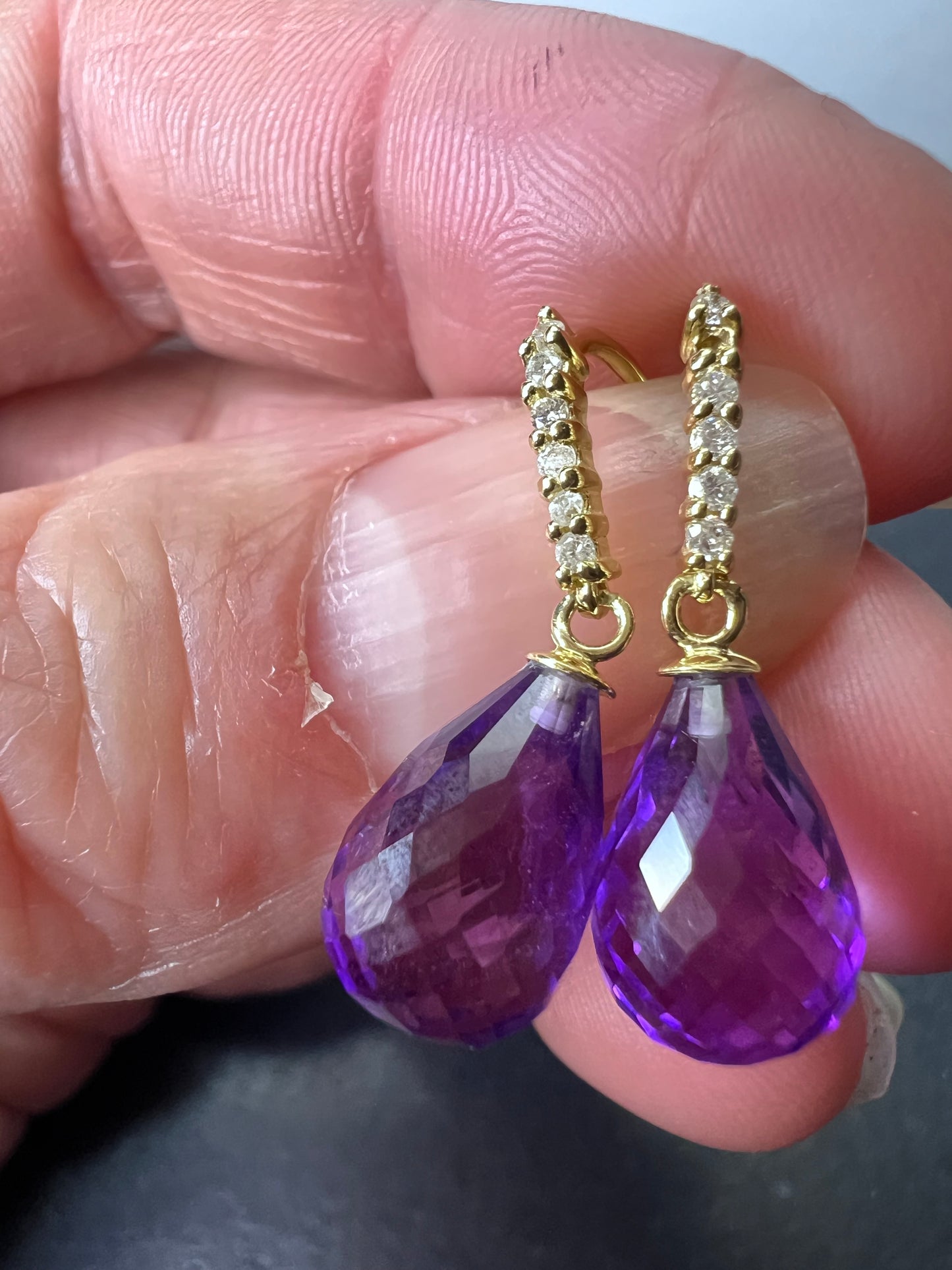 14k gold amethyst briolette and diamond dangle earrings