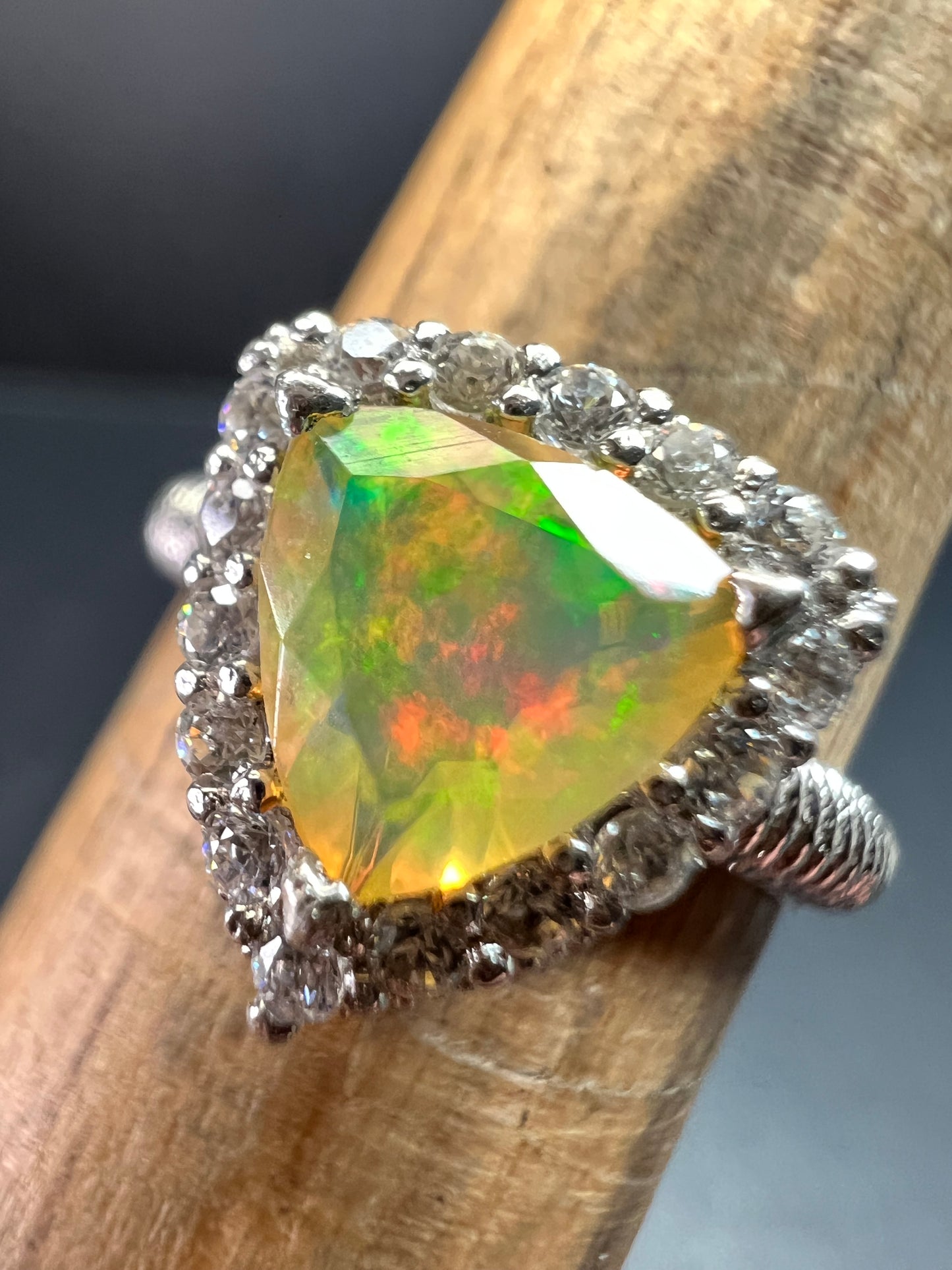 Ethiopian Opal Halo Ring Sterling Silver Size 7 Trillion Cut