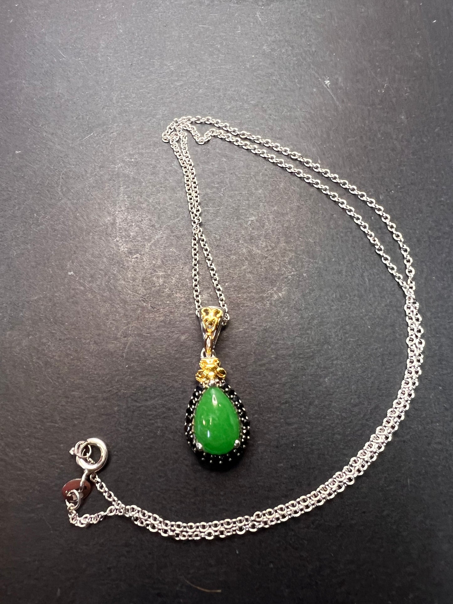 Green Jade and black spinel teardrop two toned sterling silver pendant and chain necklace