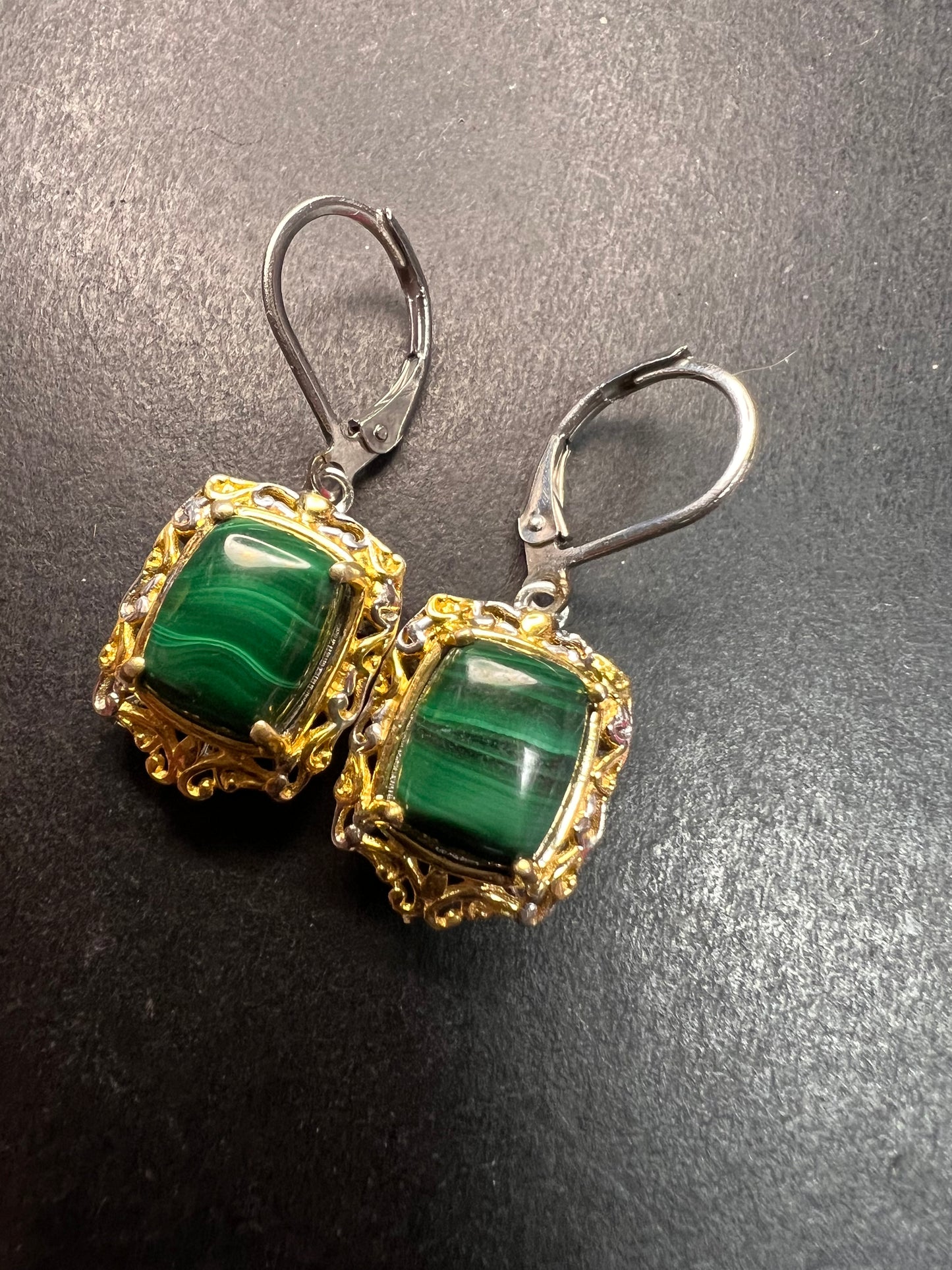 New Karis Platinum & 18K Gold Plated Malachite Leverback Earrings