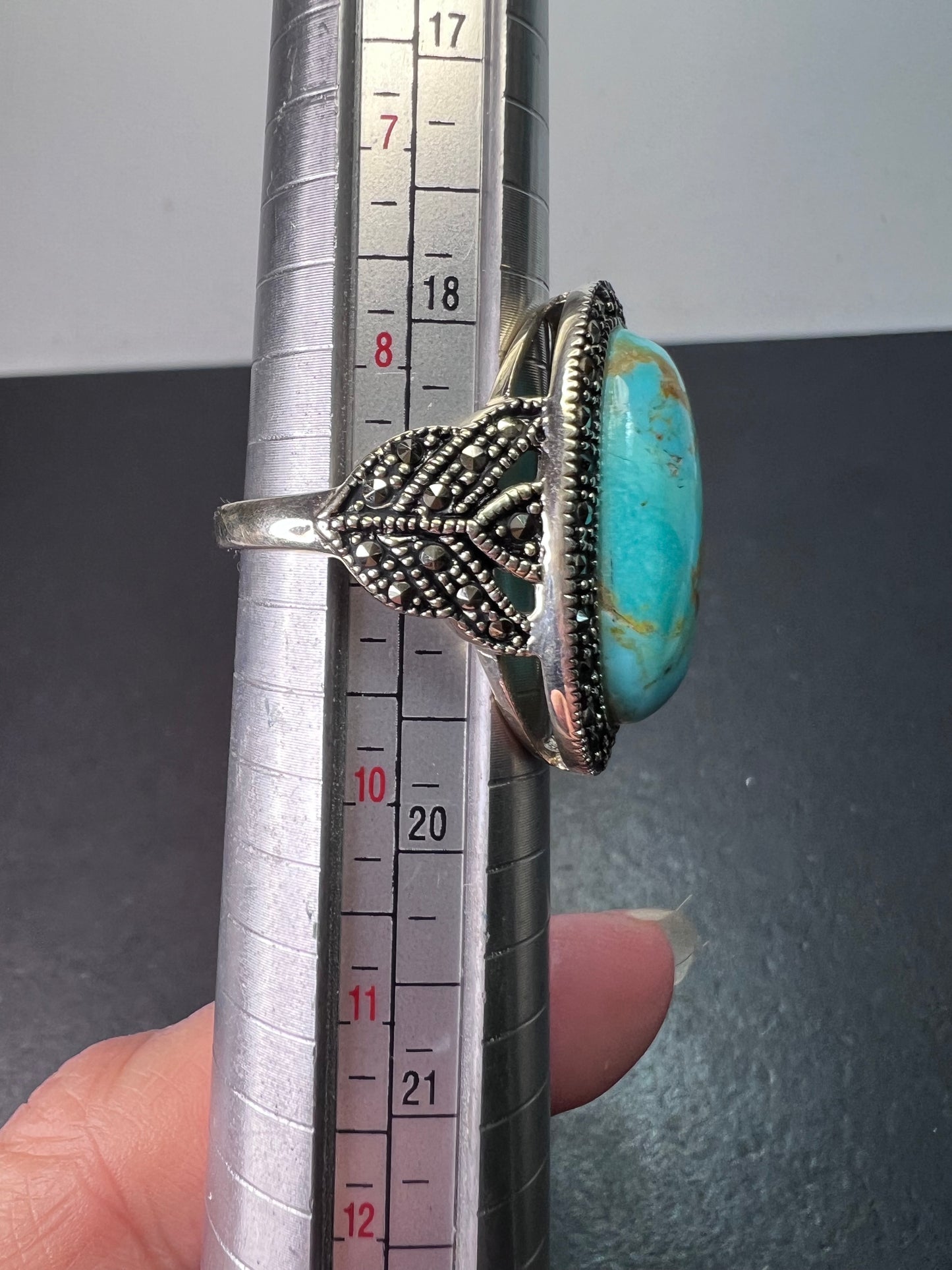 Turquoise composite sterling silver and marcasite ring size 9