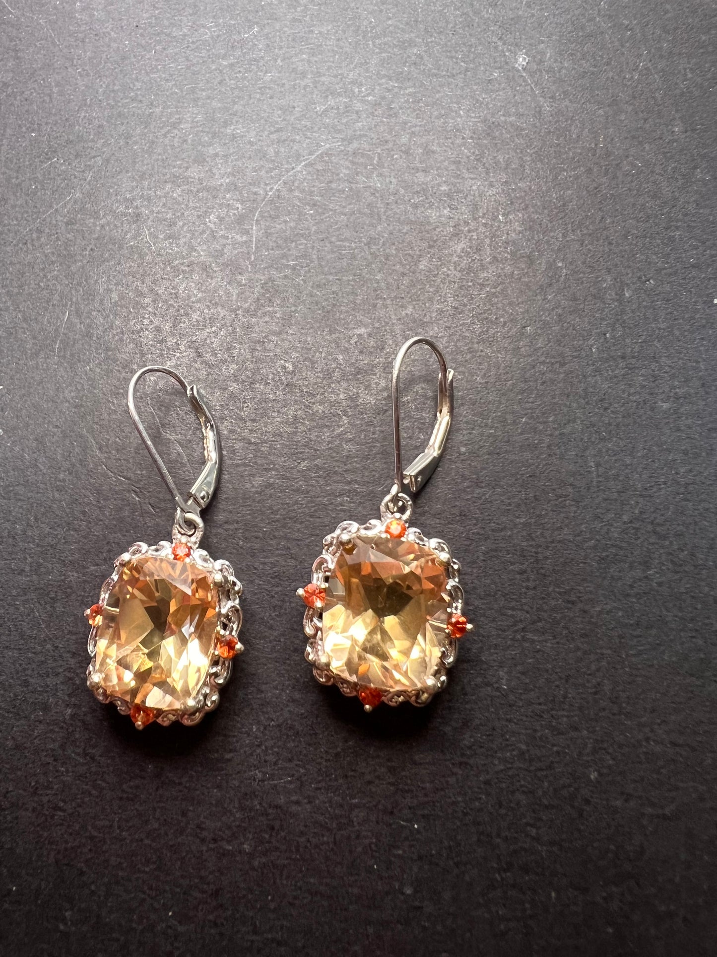 Morganite quartz and orange spinel sterling silver lever back earrings OOP