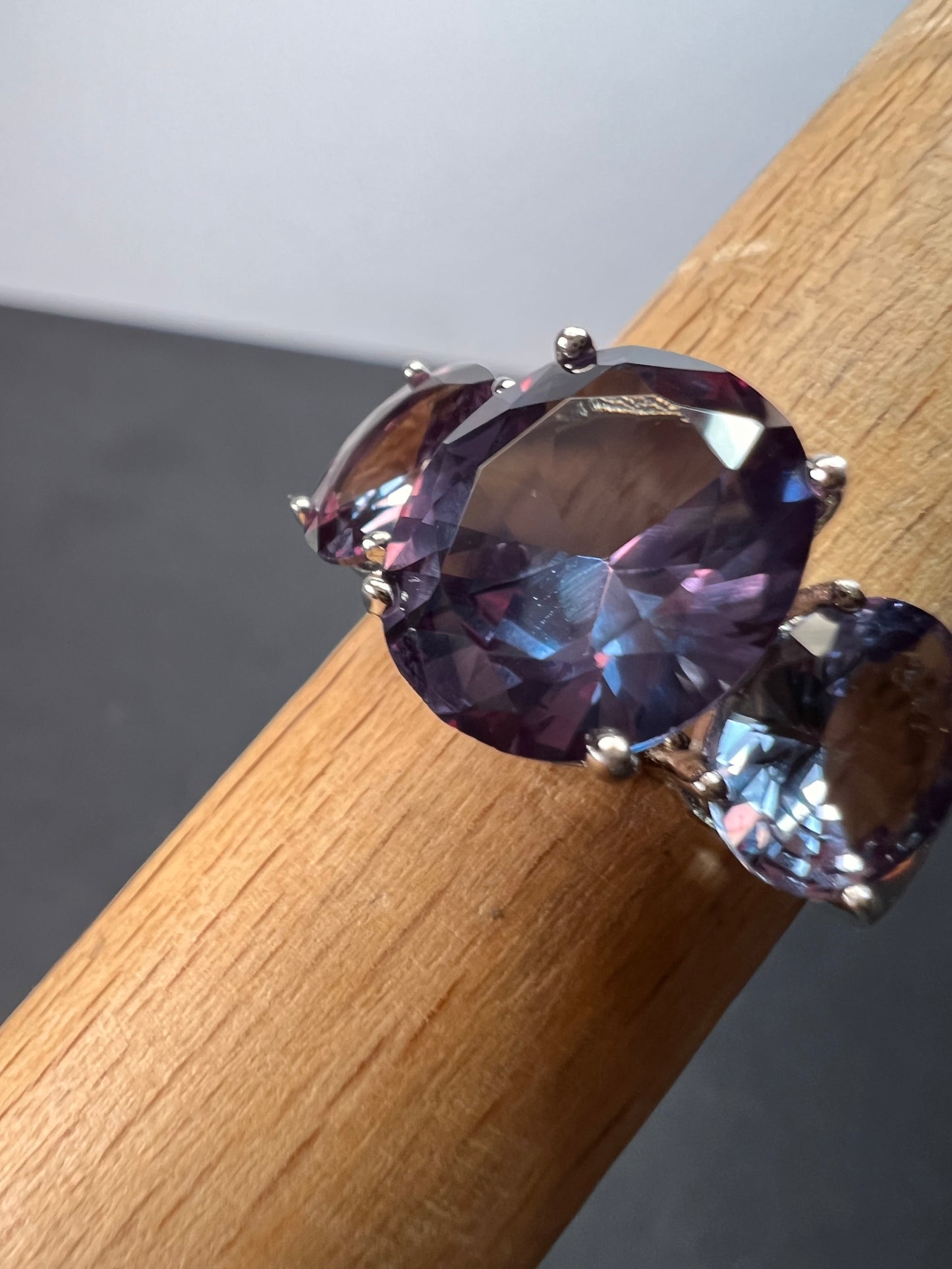 Lab created alexandrite trilogy ring in rhodium over sterling silver size 9